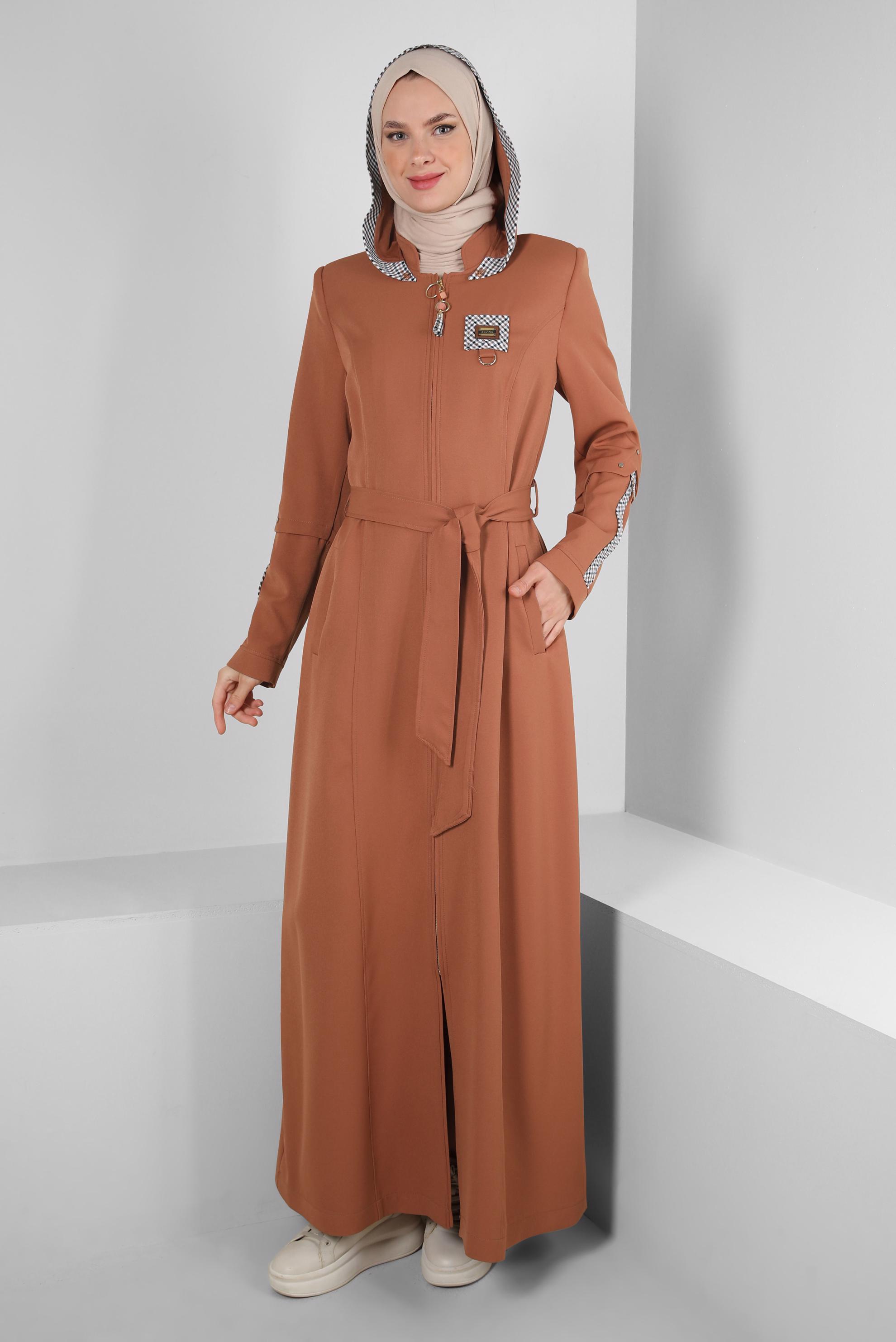 Vêtements hijab TABA PARDESSUS DÉTAILS À CARREAUX À CAPUCHE AMOVIBLE 10704