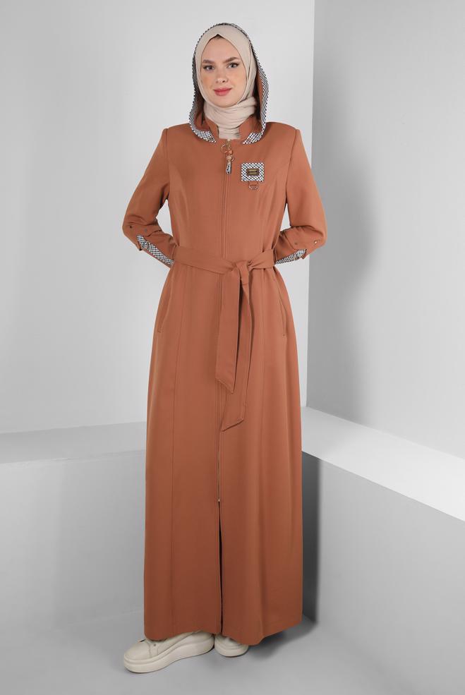 Tesettür giyim TABA ÇIKARILABİLİR KAPÜŞONLU EKOSE DETAYLI PARDESÜ 10704 - ALVİNA