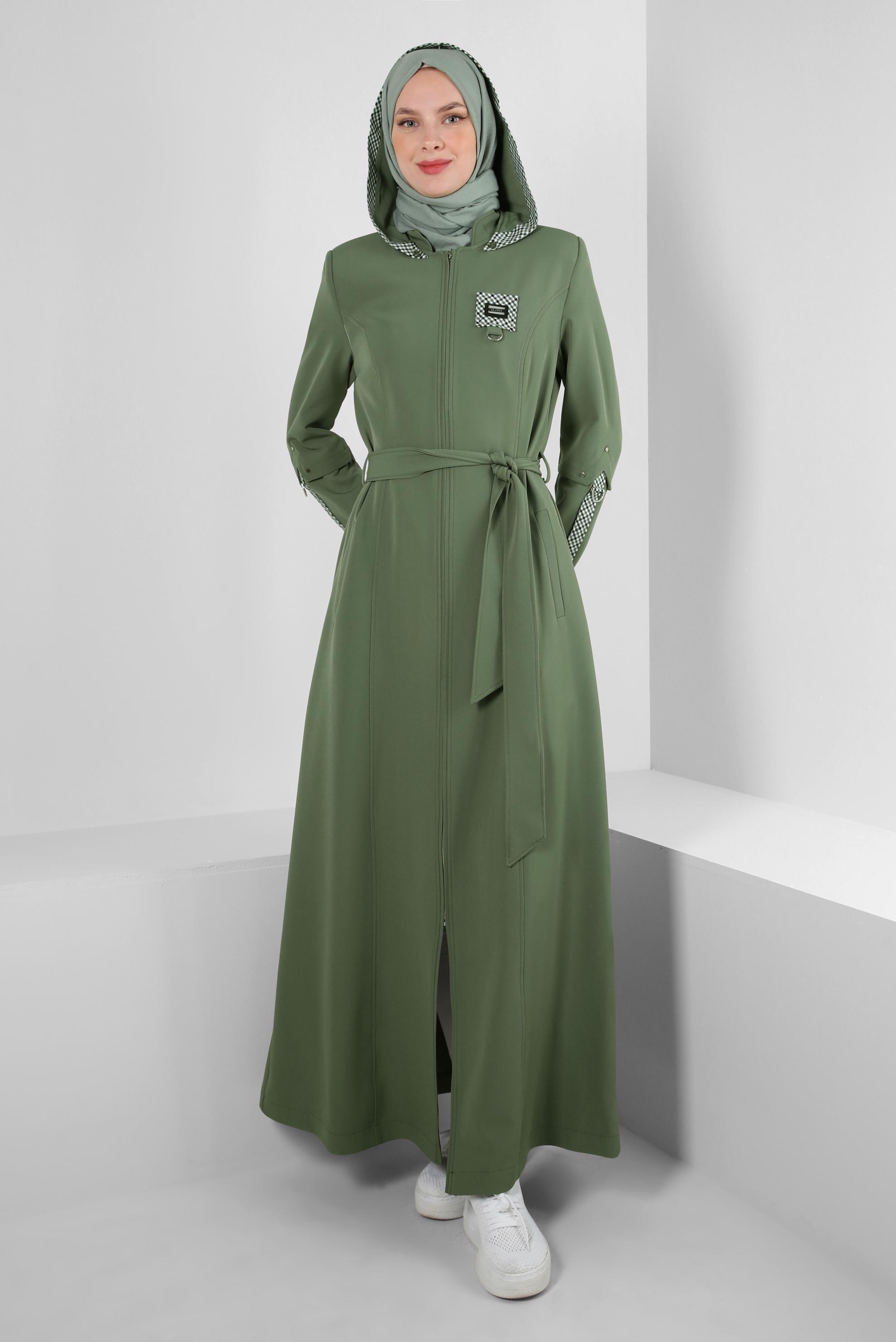 Vêtements hijab VERT PARDESSUS DÉTAILS À CARREAUX À CAPUCHE AMOVIBLE 10704