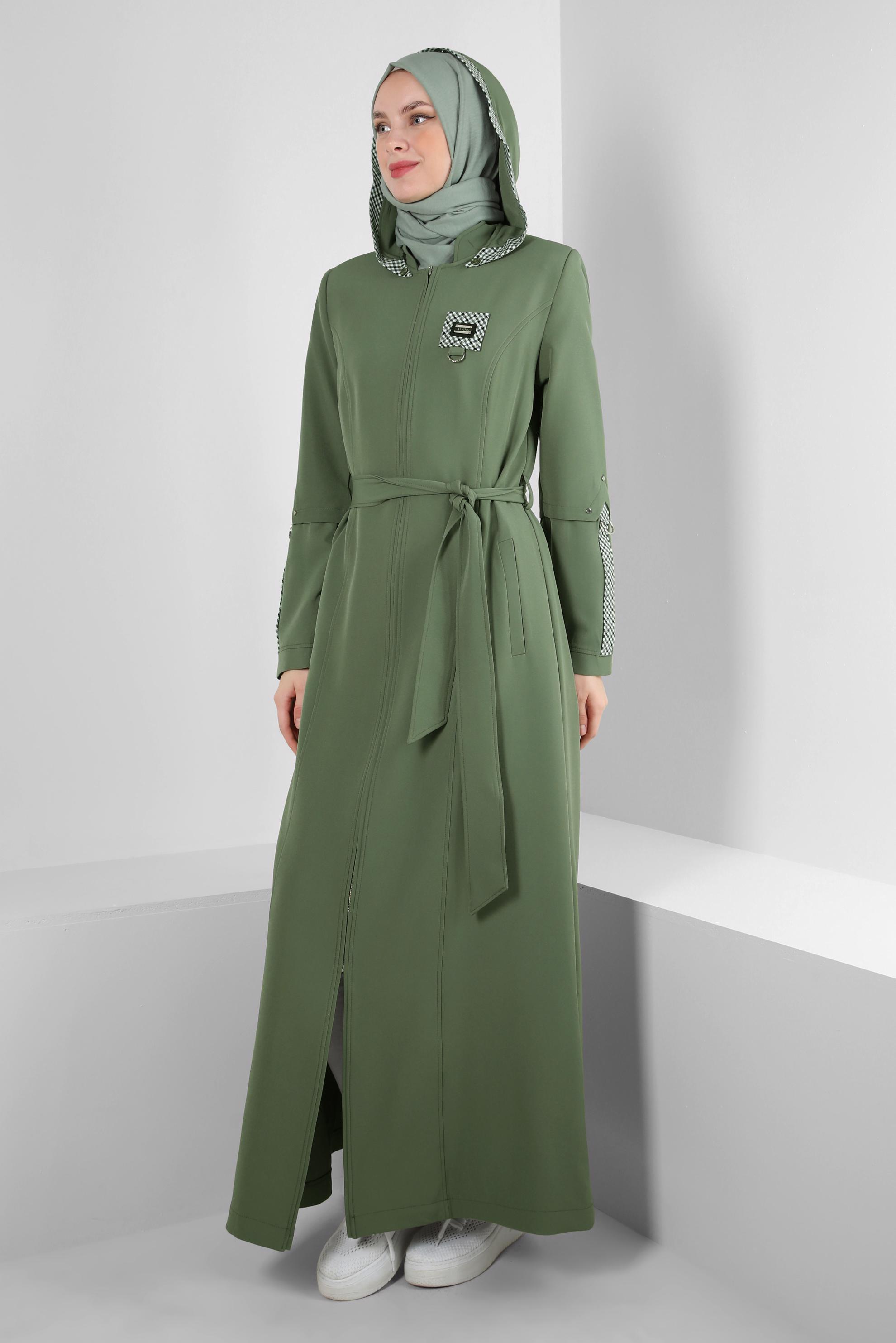 Vêtements hijab VERT PARDESSUS DÉTAILS À CARREAUX À CAPUCHE AMOVIBLE 10704