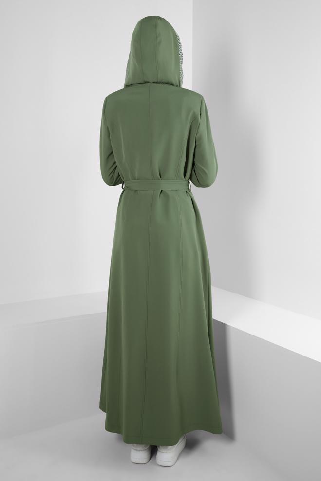 Tesettür giyim YEŞİL ÇIKARILABİLİR KAPÜŞONLU EKOSE DETAYLI PARDESÜ 10704 - ALVİNA