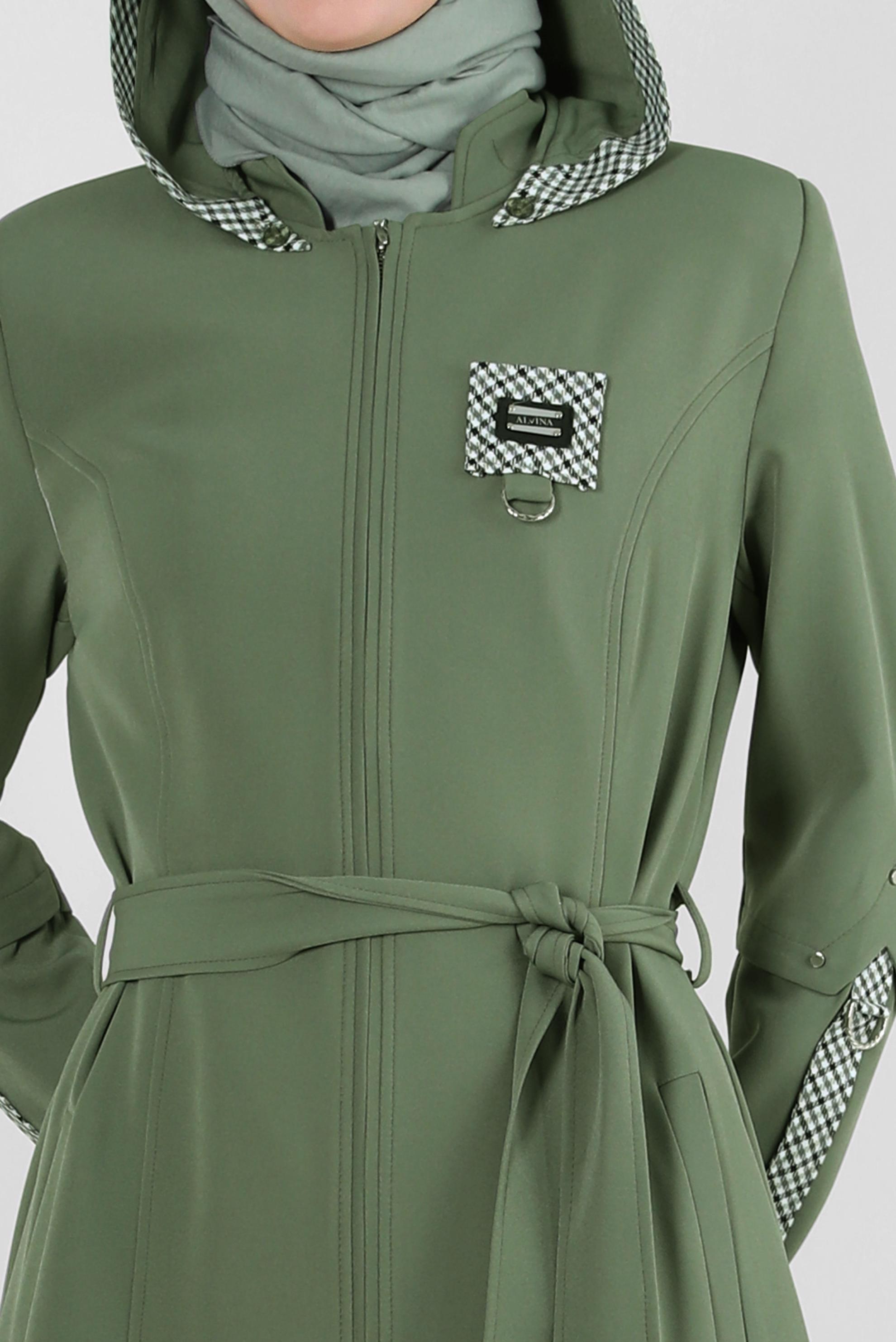 Vêtements hijab VERT PARDESSUS DÉTAILS À CARREAUX À CAPUCHE AMOVIBLE 10704