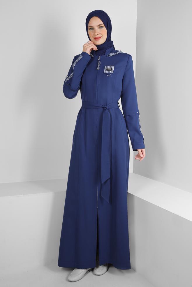 Hijab clothing NAVY BLUE PLAID DETAIL TOPCOAT WITH DETACHABLE HOOD 10704 - ALVİNA