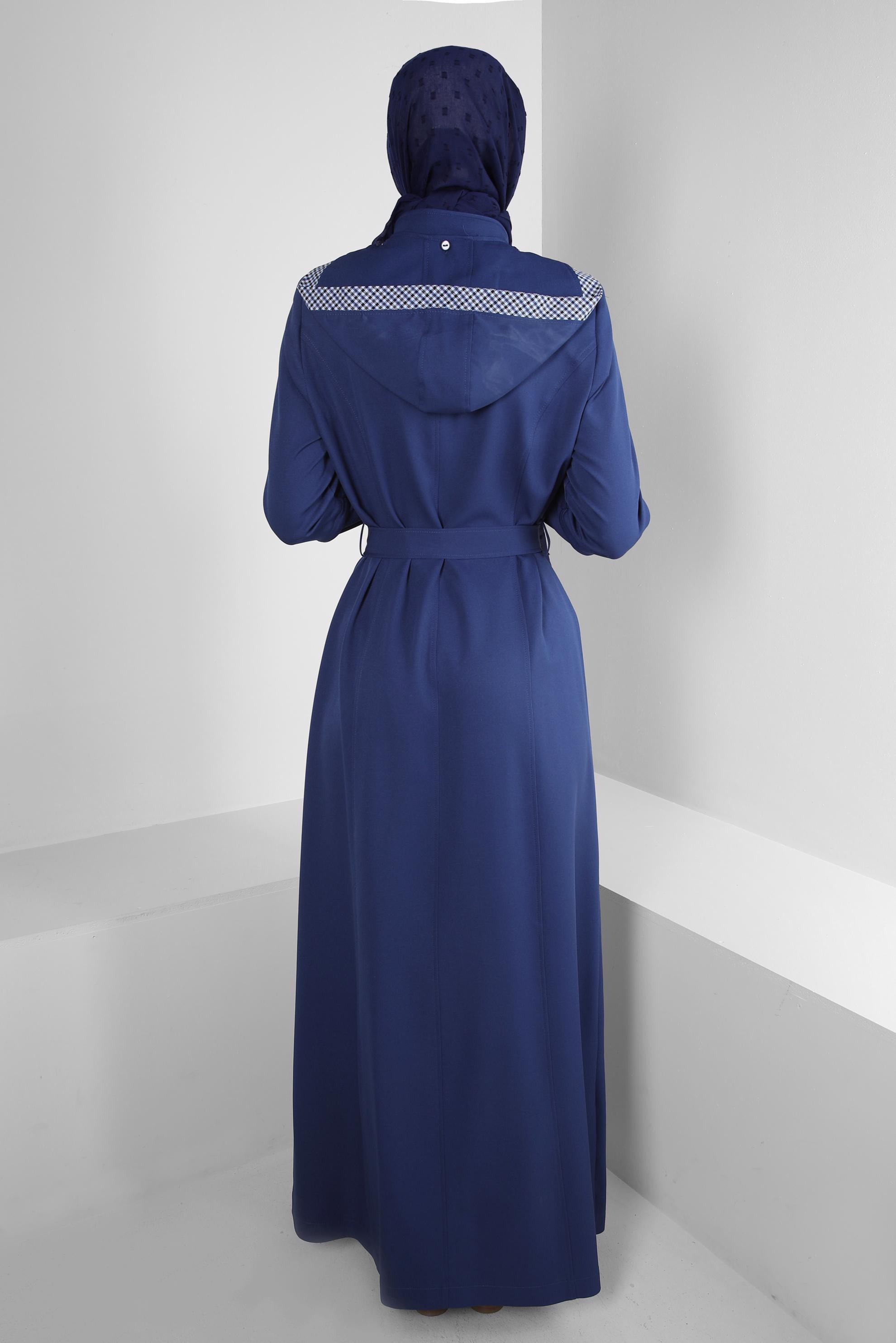 Hijab clothing NAVY BLUE PLAID DETAIL TOPCOAT WITH DETACHABLE HOOD 10704