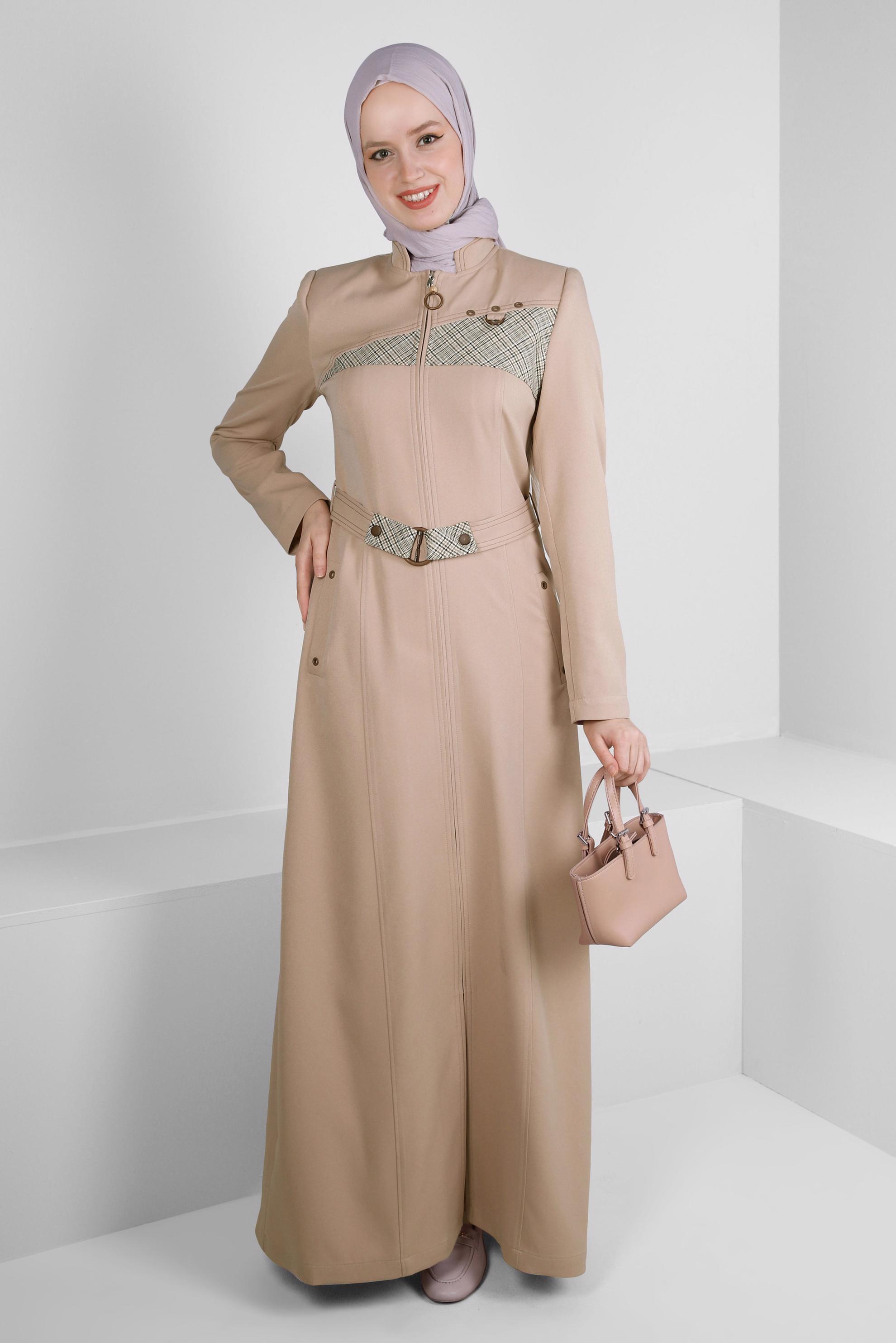 Hijab clothing BEIGE PLAID DETAIL BELTED TOPCOAT 10705