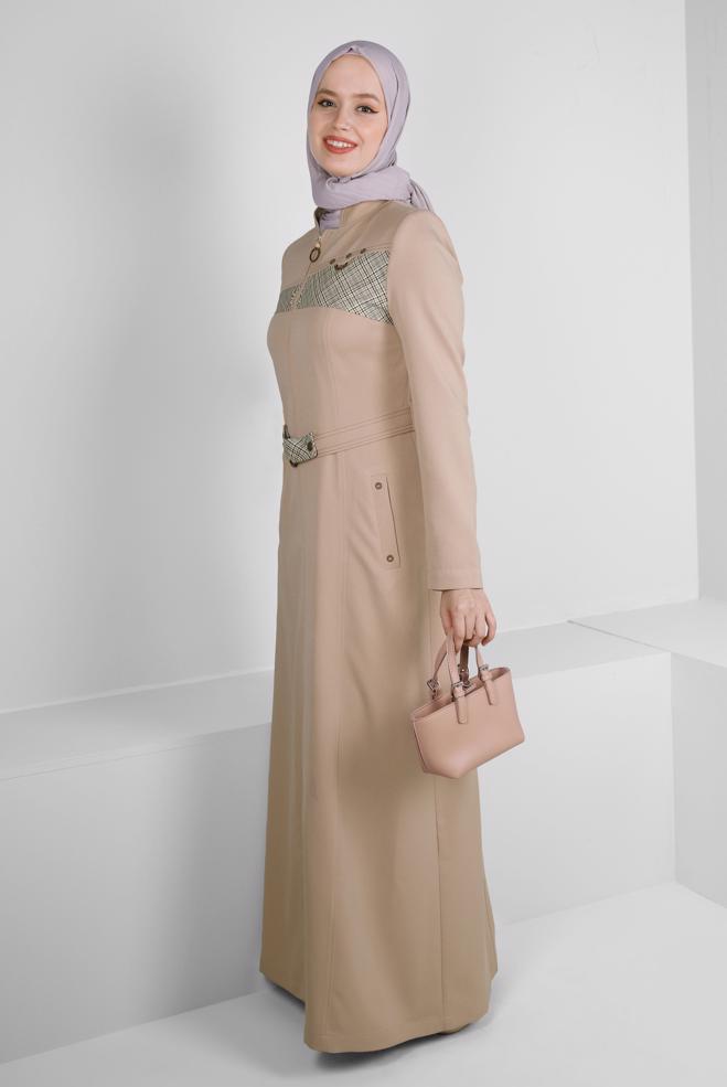 Vêtements hijab BEIGE PARDESSUS CEINTURÉ DÉTAIL À CARREAUX 10705 - ALVİNA
