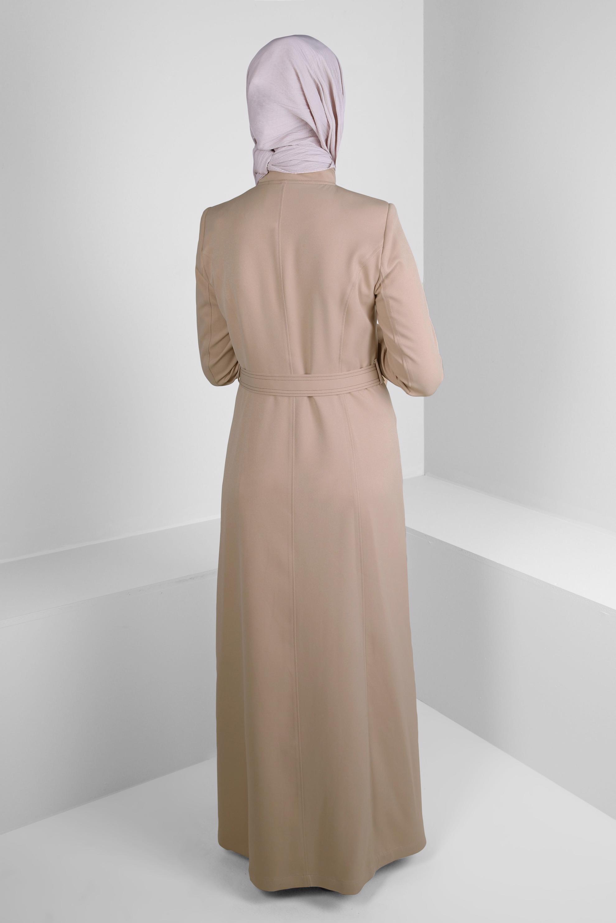 Hijab clothing BEIGE PLAID DETAIL BELTED TOPCOAT 10705