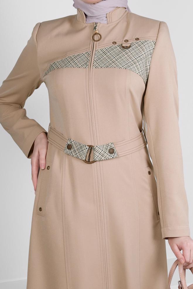 Vêtements hijab BEIGE PARDESSUS CEINTURÉ DÉTAIL À CARREAUX 10705 - ALVİNA