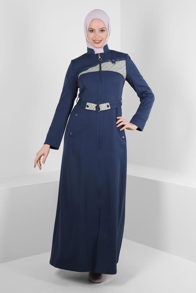 Vêtements hijab BLEU MARINE PARDESSUS CEINTURÉ DÉTAIL À CARREAUX 10705 - ALVİNA