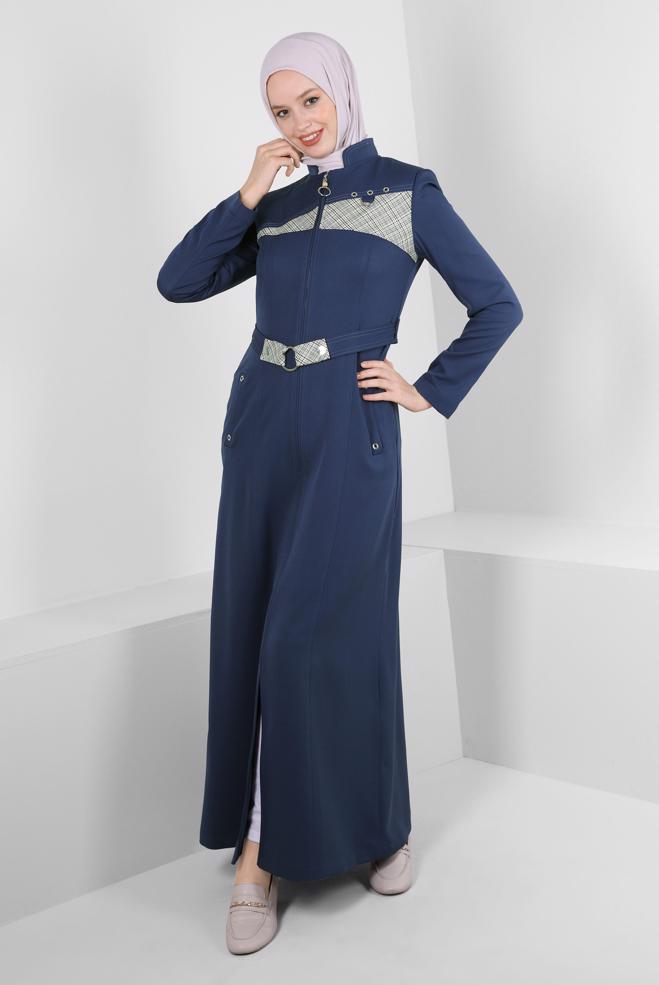 Vêtements hijab BLEU MARINE PARDESSUS CEINTURÉ DÉTAIL À CARREAUX 10705 - ALVİNA