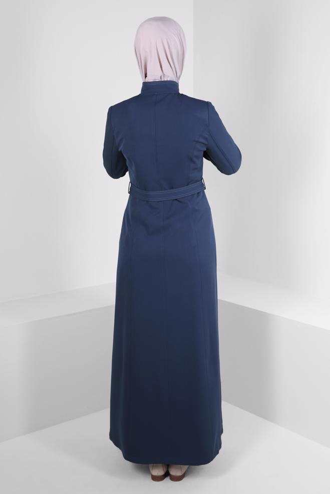 Vêtements hijab BLEU MARINE PARDESSUS CEINTURÉ DÉTAIL À CARREAUX 10705 - ALVİNA