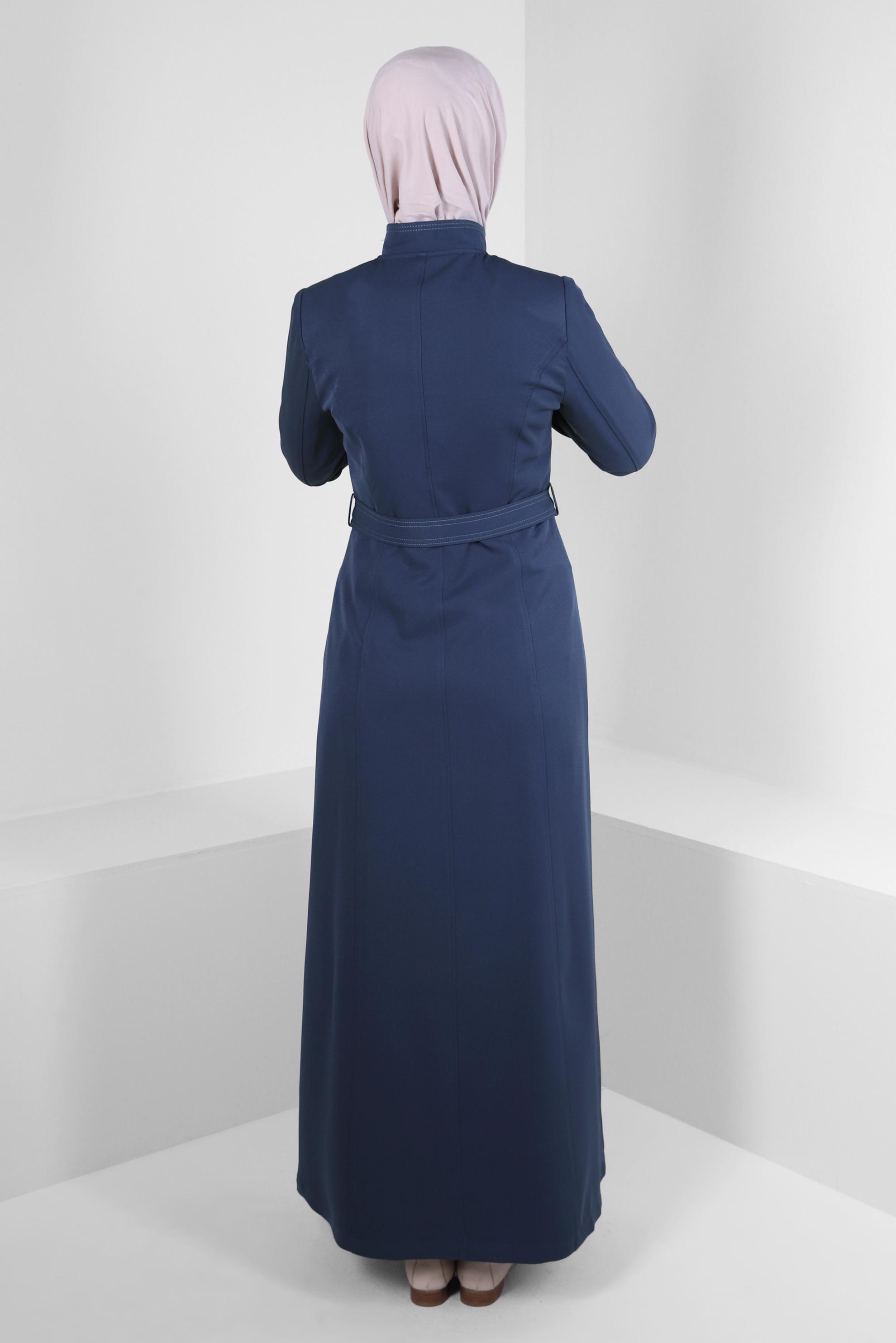 Hijab clothing NAVY BLUE PLAID DETAIL BELTED TOPCOAT 10705