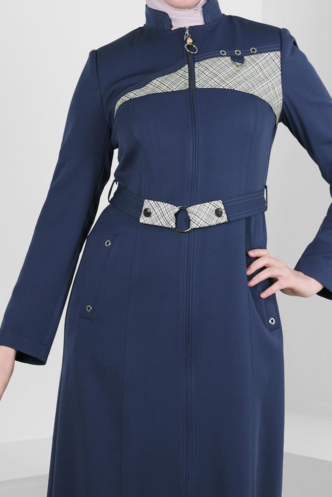 Vêtements hijab BLEU MARINE PARDESSUS CEINTURÉ DÉTAIL À CARREAUX 10705 - ALVİNA
