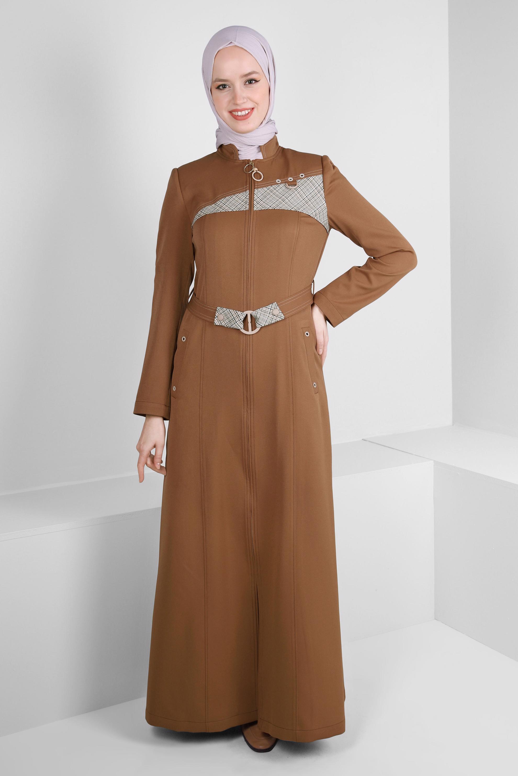 Hijab clothing BROWN PLAID DETAIL BELTED TOPCOAT 10705