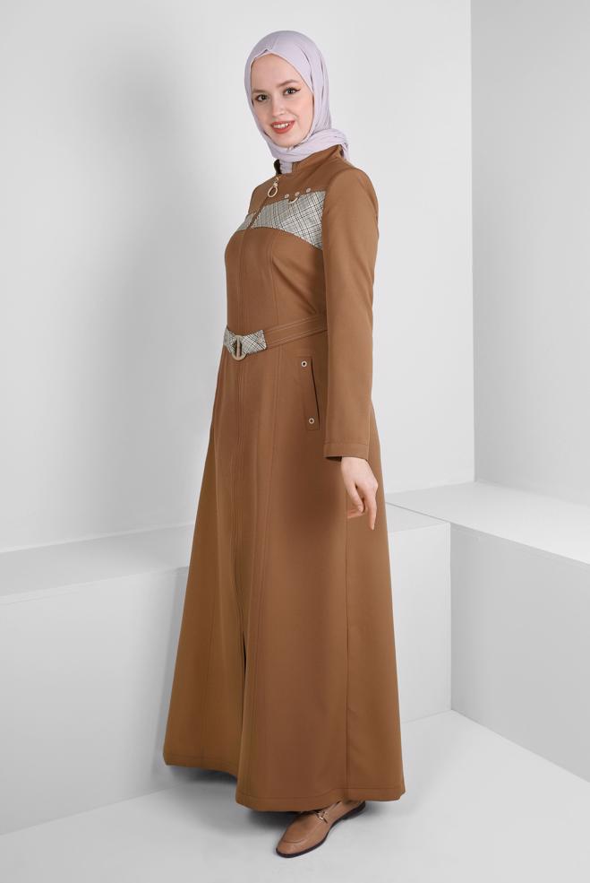 Vêtements hijab BRUN PARDESSUS CEINTURÉ DÉTAIL À CARREAUX 10705 - ALVİNA