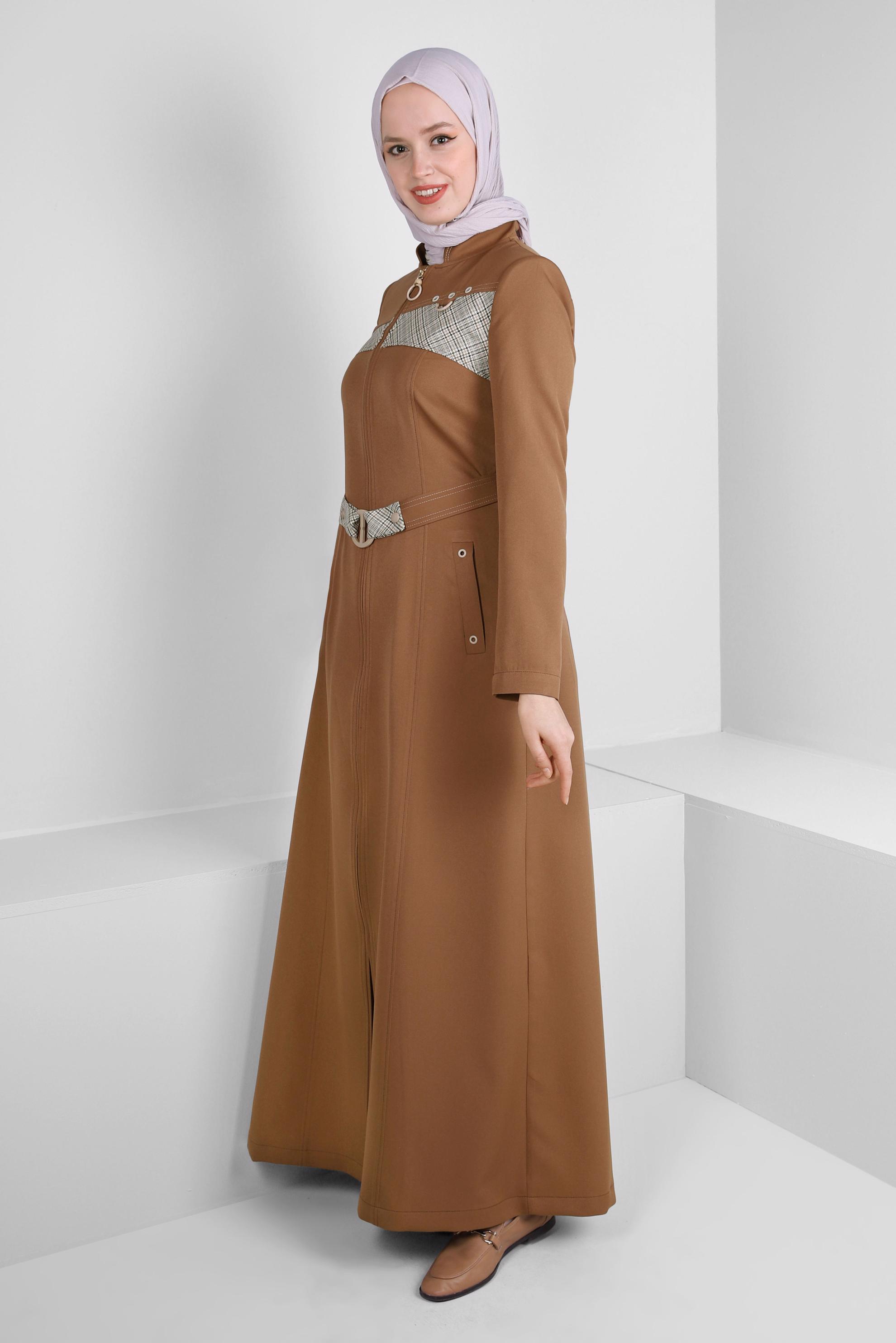 Hijab clothing BROWN PLAID DETAIL BELTED TOPCOAT 10705