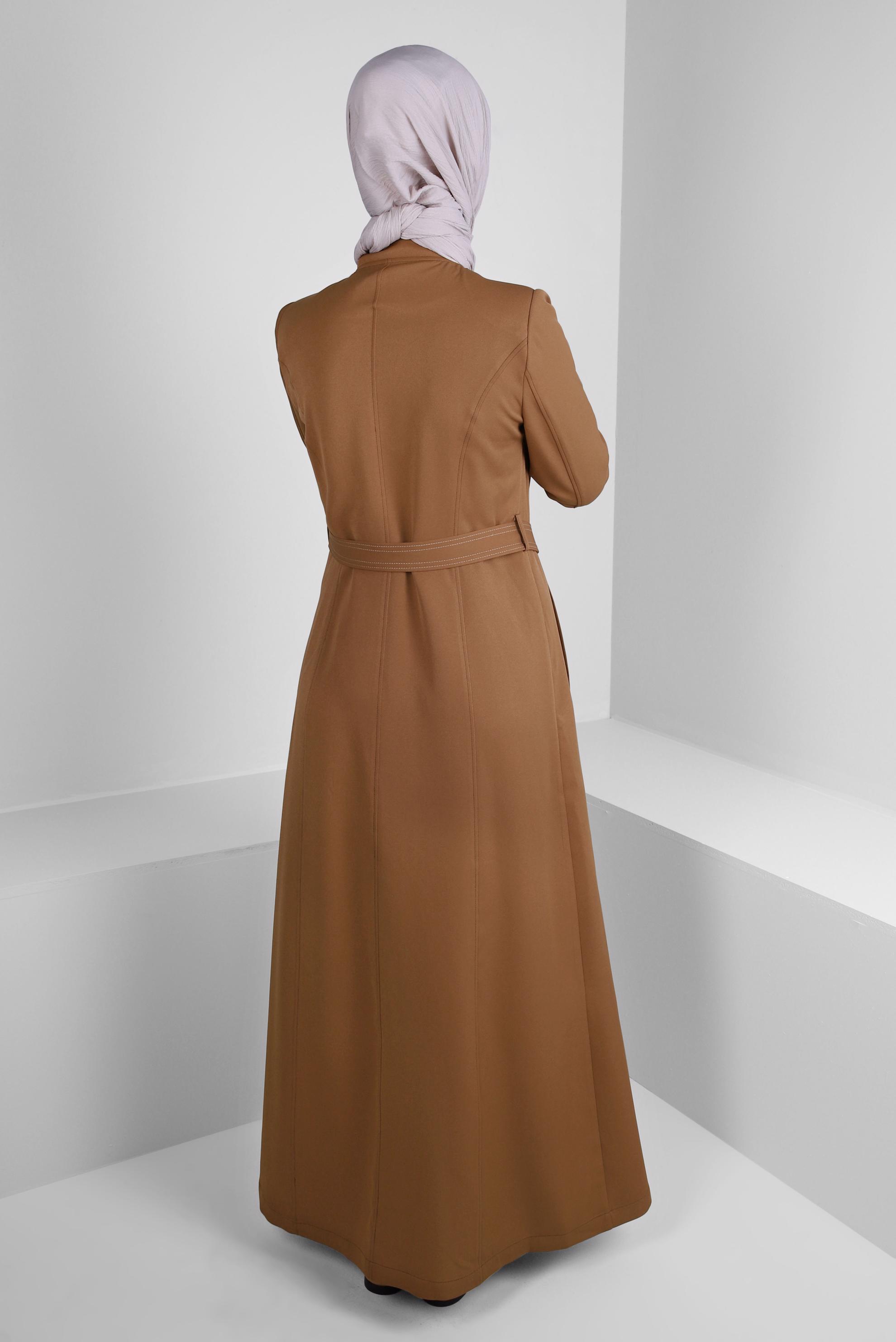 Hijab clothing BROWN PLAID DETAIL BELTED TOPCOAT 10705