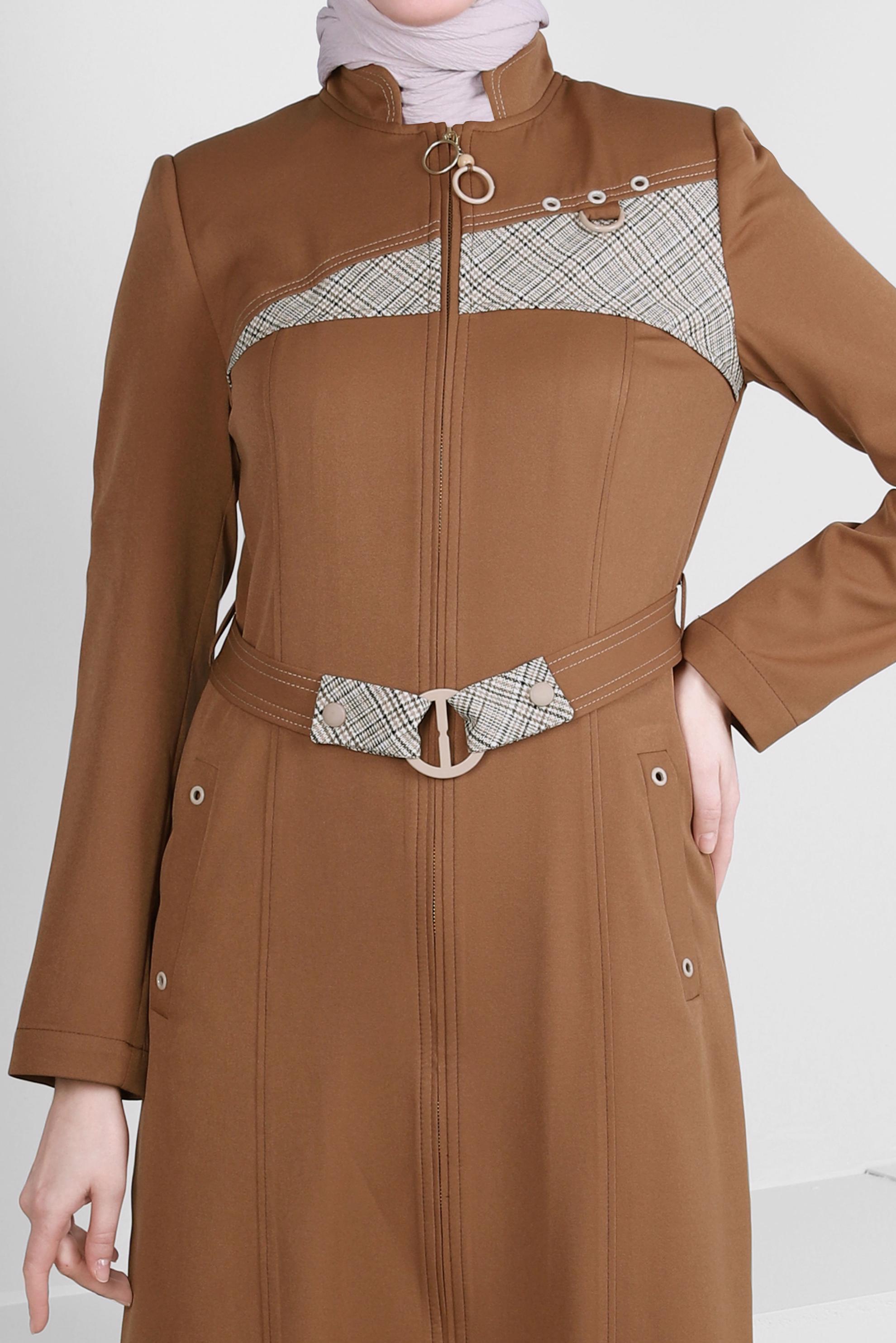 Hijab clothing BROWN PLAID DETAIL BELTED TOPCOAT 10705