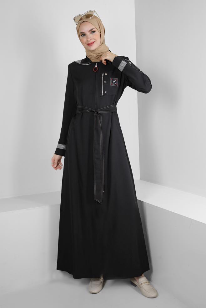 Vêtements hijab NOIR PARDESSUS ZIPPÉ À CAPUCHE DÉTACHABLE 10709 - ALVİNA