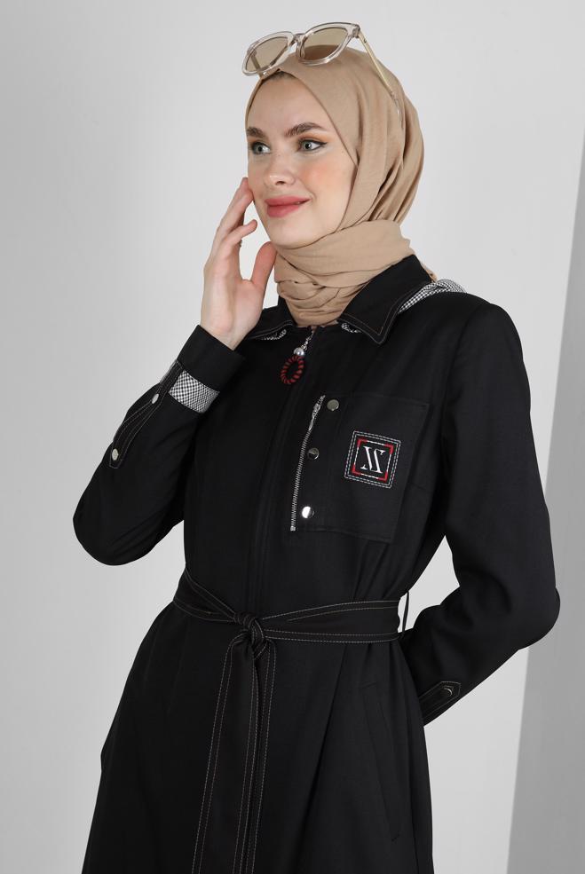 Vêtements hijab NOIR PARDESSUS ZIPPÉ À CAPUCHE DÉTACHABLE 10709 - ALVİNA