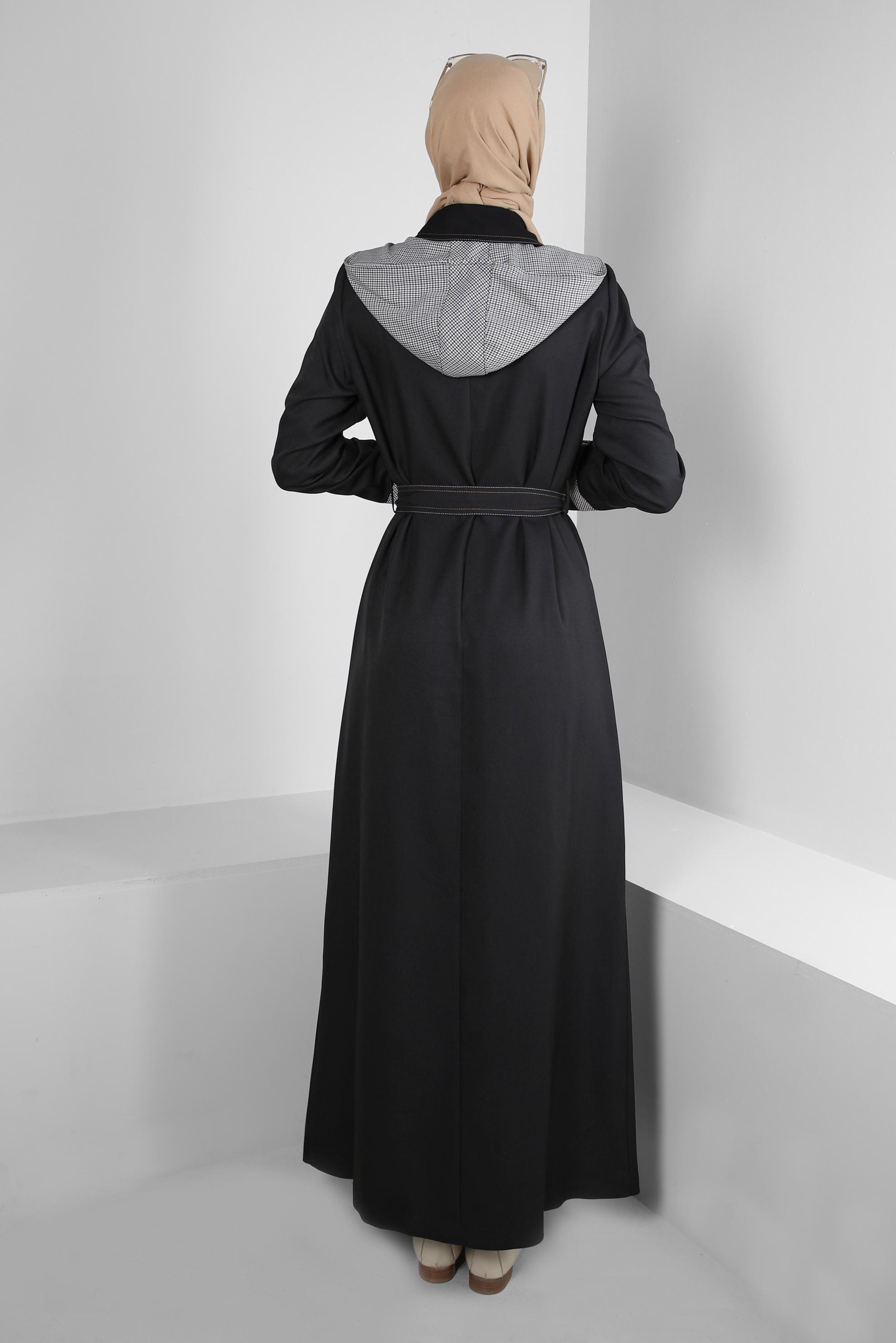 Tesettür giyim SİYAH ÇIKARILABİLİR KAPÜŞONLU FERMUARLI PARDESÜ 10709