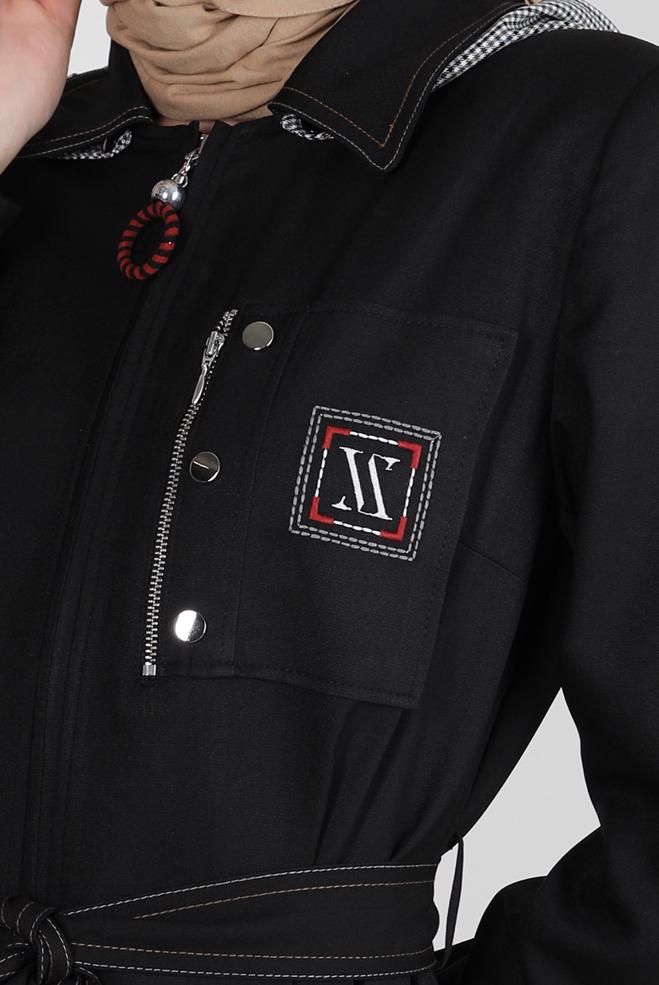 Vêtements hijab NOIR PARDESSUS ZIPPÉ À CAPUCHE DÉTACHABLE 10709 - ALVİNA