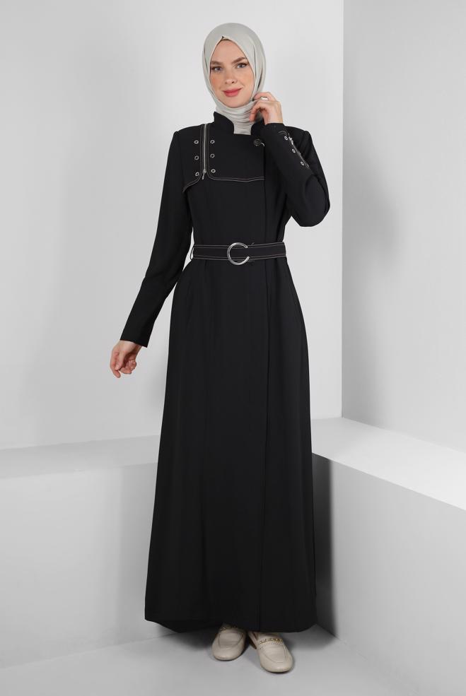 Vêtements hijab NOIR COL MANDARİN DÉTAIL ŒILLET PARDESSUS 10711 - ALVİNA