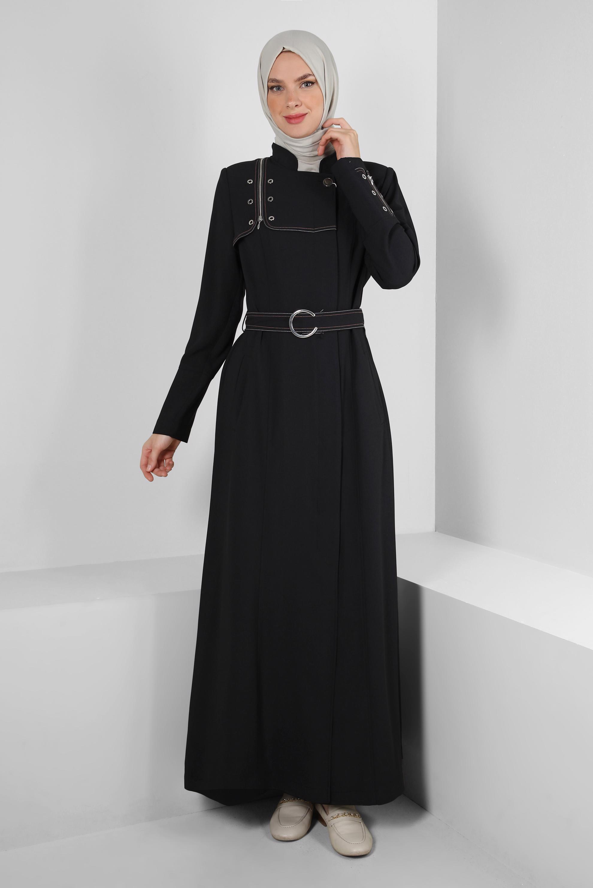 Vêtements hijab NOIR COL MANDARİN DÉTAIL ŒILLET PARDESSUS 10711