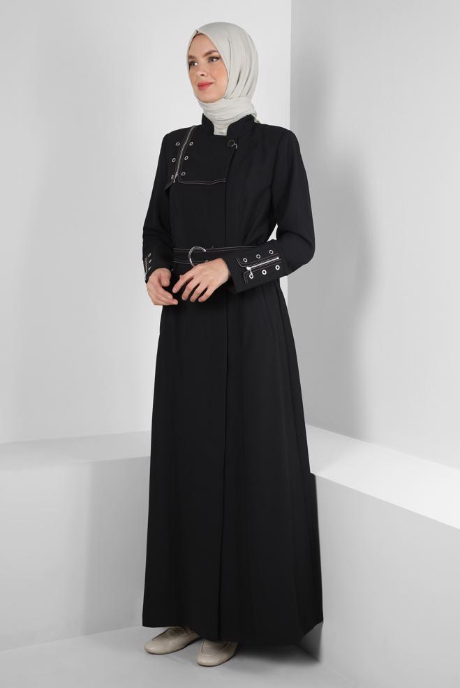 Vêtements hijab NOIR COL MANDARİN DÉTAIL ŒILLET PARDESSUS 10711 - ALVİNA