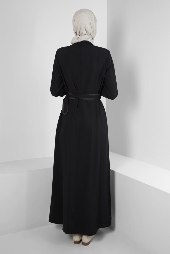 Vêtements hijab NOIR COL MANDARİN DÉTAIL ŒILLET PARDESSUS 10711 - ALVİNA