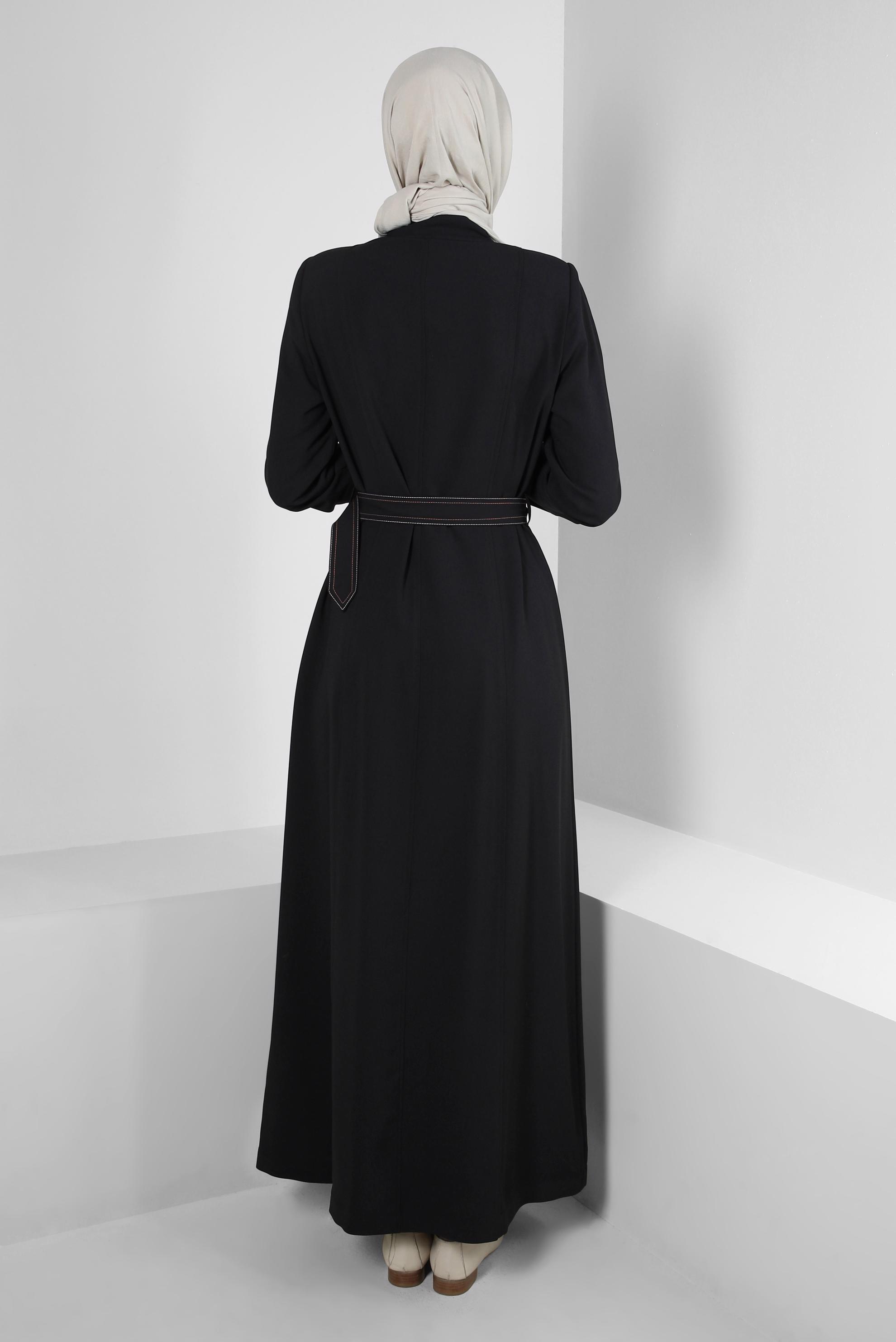 Vêtements hijab NOIR COL MANDARİN DÉTAIL ŒILLET PARDESSUS 10711