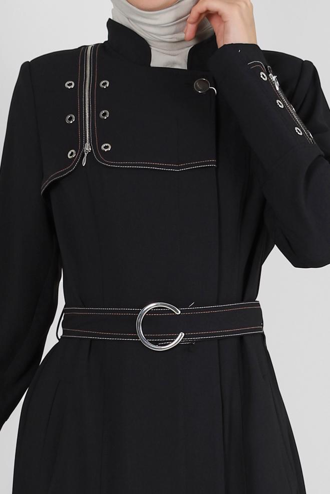 Vêtements hijab NOIR COL MANDARİN DÉTAIL ŒILLET PARDESSUS 10711 - ALVİNA