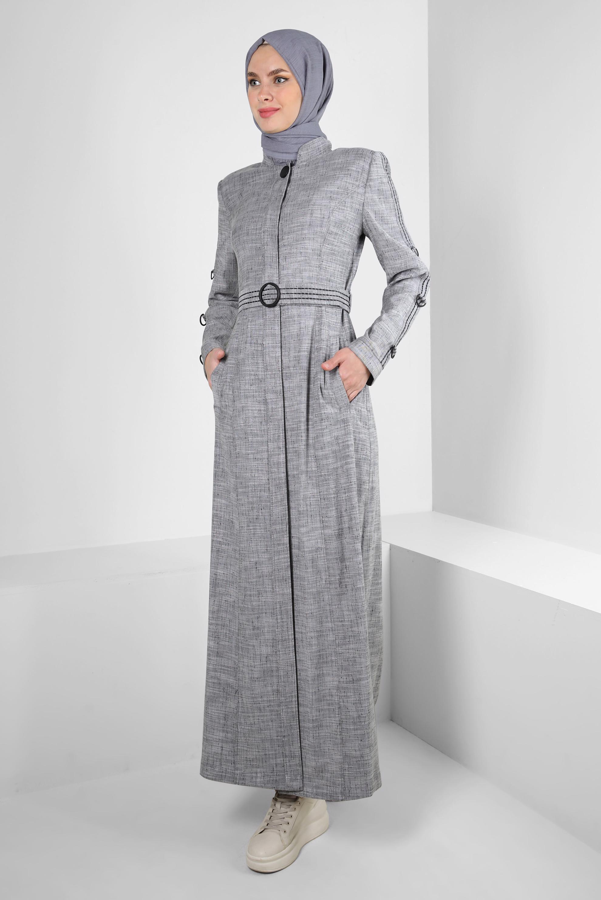 Hijab clothing BLACK MANDARIN COLLAR BELTED OVERCOAT 10712