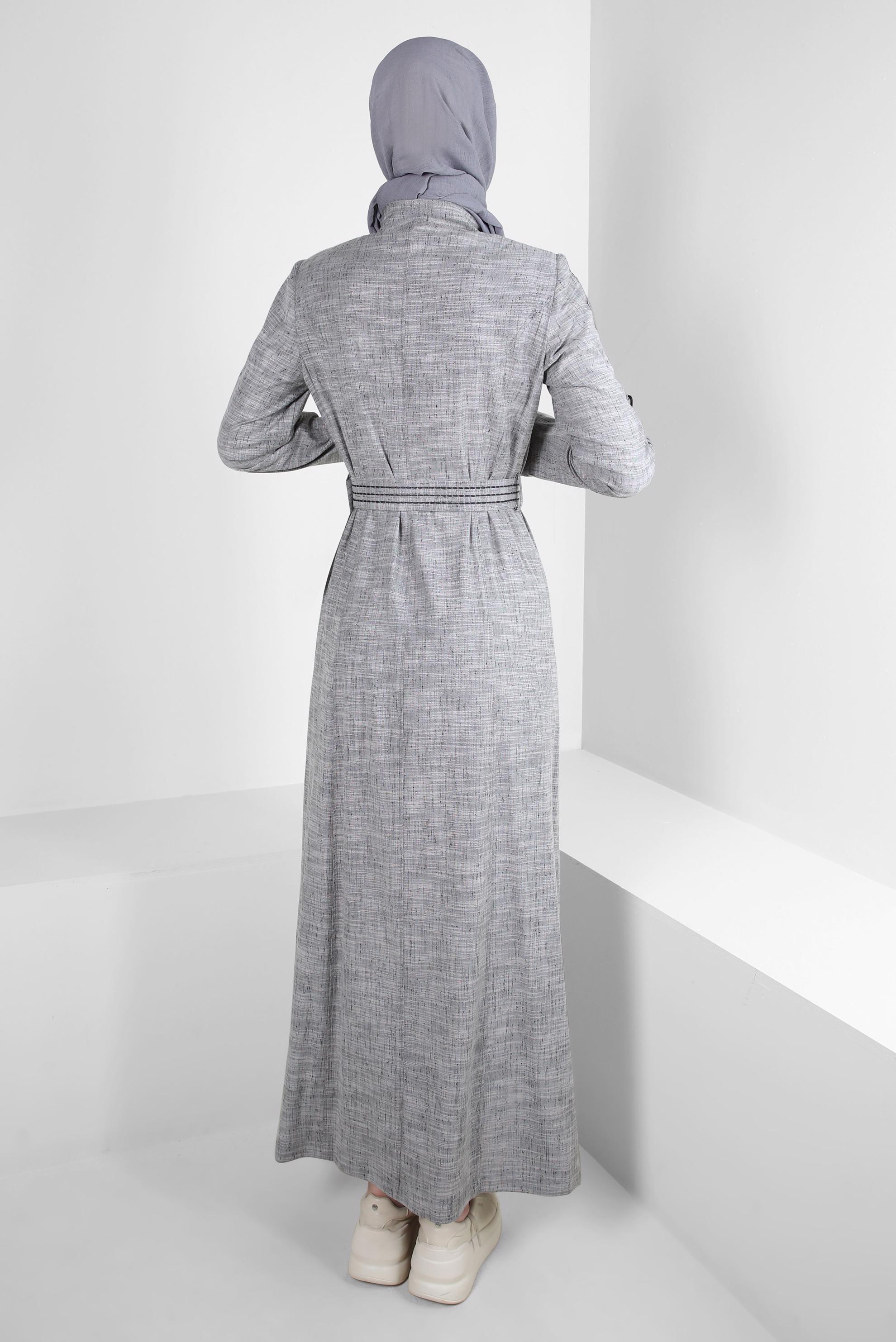 Hijab clothing BLACK MANDARIN COLLAR BELTED OVERCOAT 10712