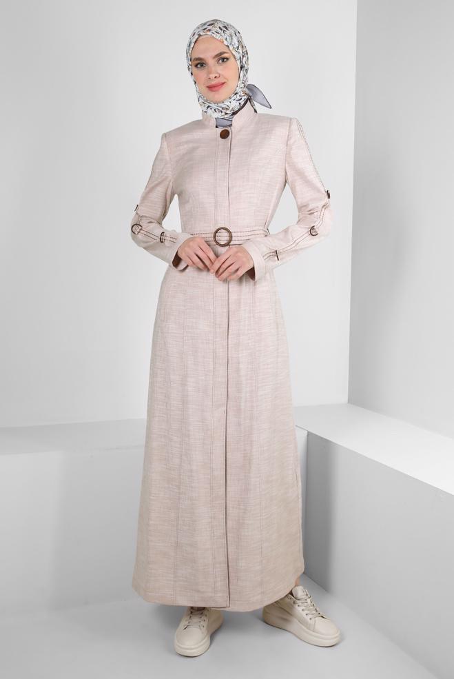 Tesettür giyim KAHVE KEMERLİ HAKİM YAKA PARDESÜ 10712 - ALVİNA