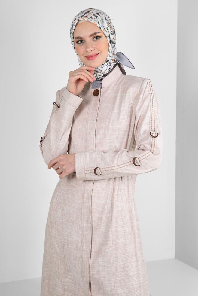 Tesettür giyim KAHVE KEMERLİ HAKİM YAKA PARDESÜ 10712 - ALVİNA
