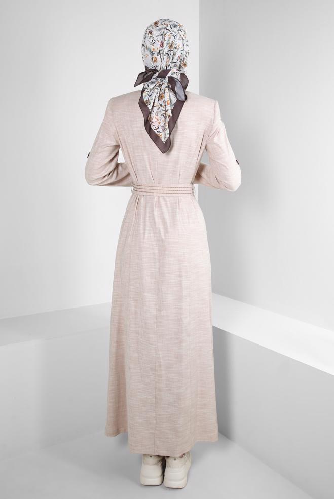 Tesettür giyim KAHVE KEMERLİ HAKİM YAKA PARDESÜ 10712 - ALVİNA