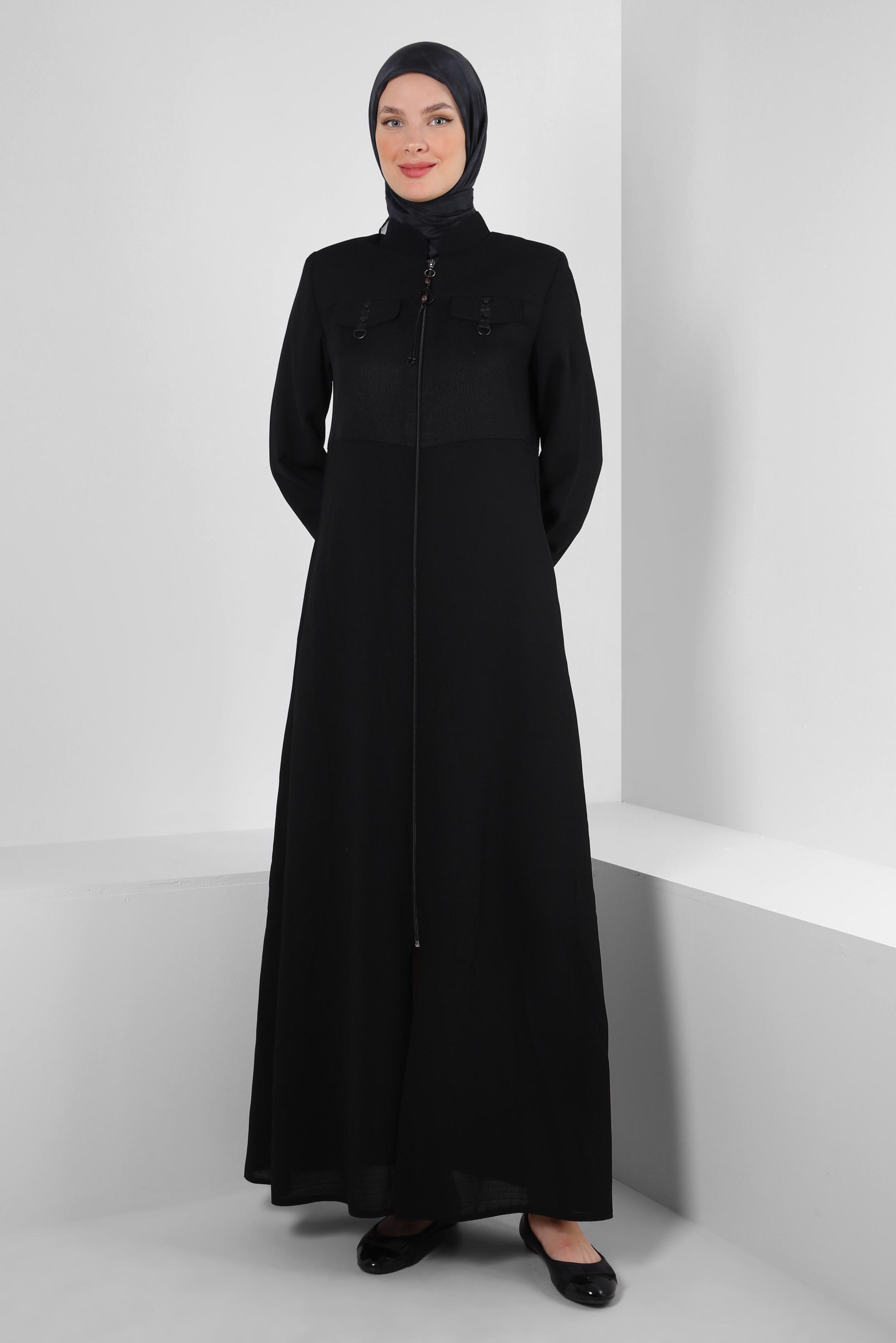 Tesettür giyim SİYAH HAKİM YAKA FERMUARLI PARDESÜ 10720