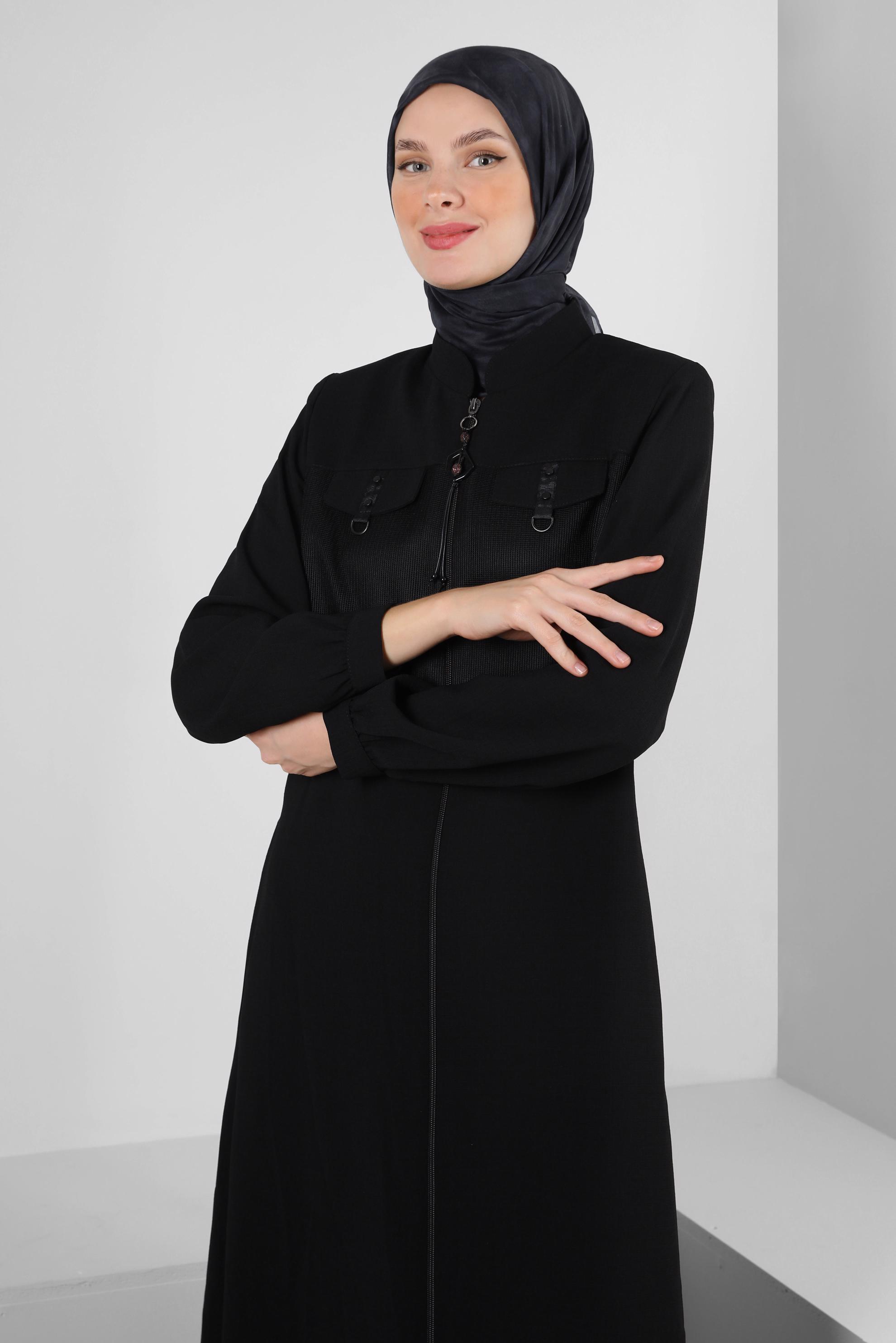Tesettür giyim SİYAH HAKİM YAKA FERMUARLI PARDESÜ 10720