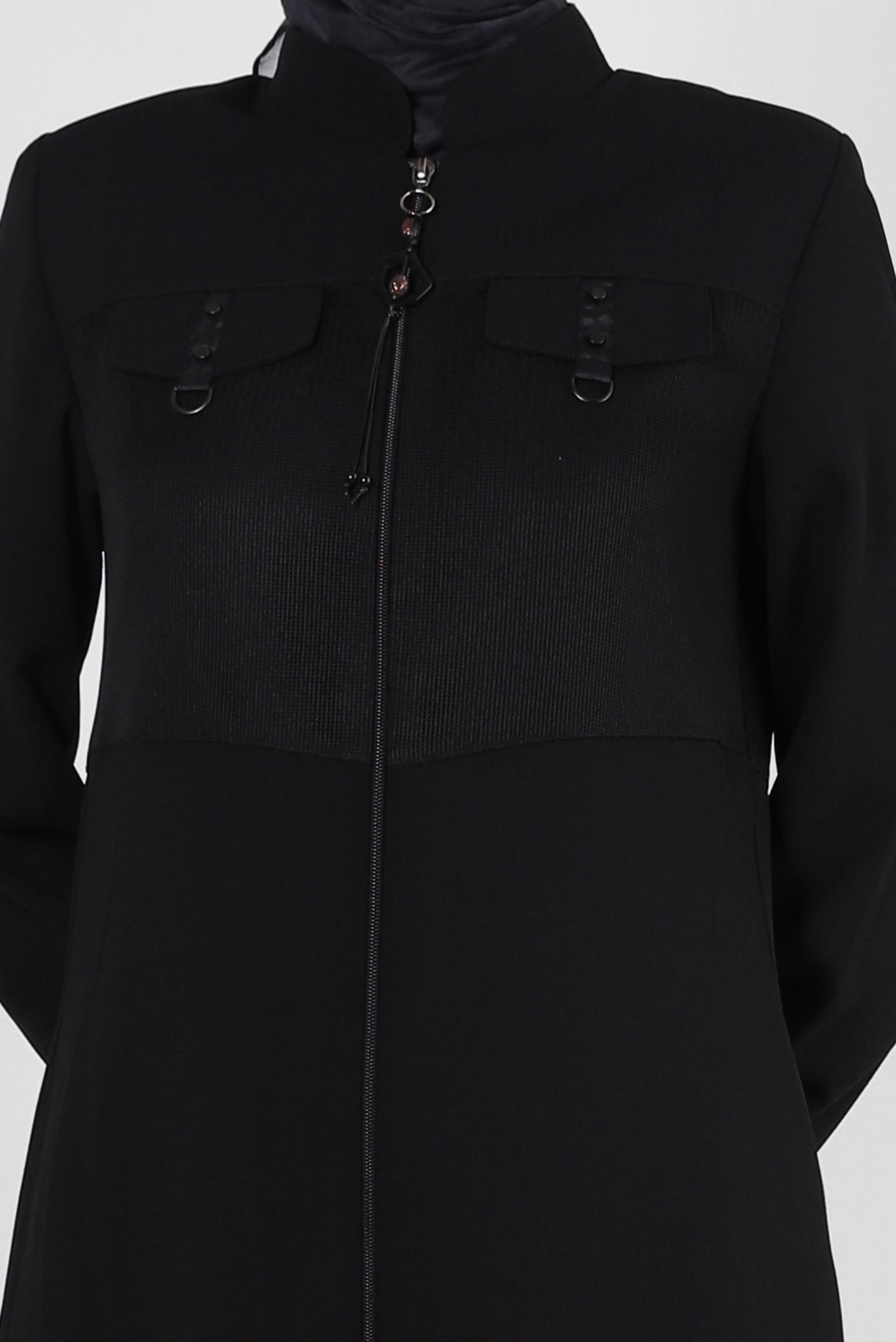 Tesettür giyim SİYAH HAKİM YAKA FERMUARLI PARDESÜ 10720