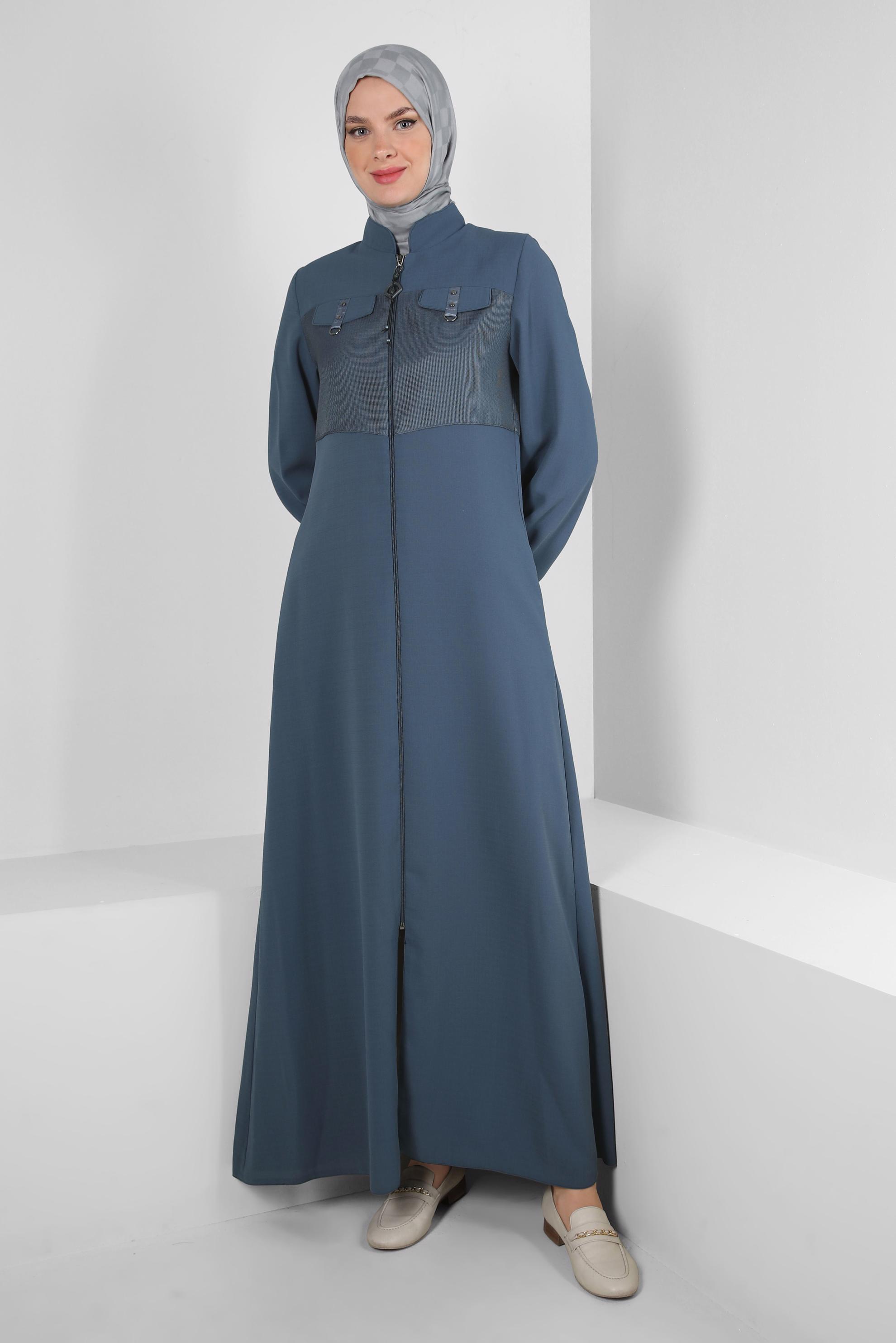 Tesettür giyim MAVİ HAKİM YAKA FERMUARLI PARDESÜ 10720