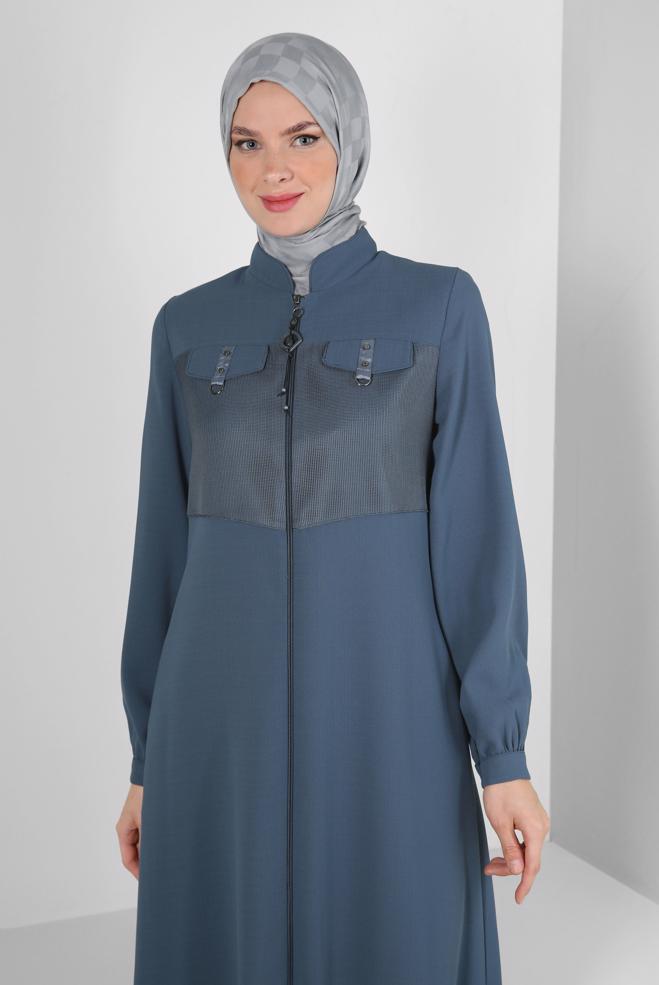 Hijab-Kleidung BEIGE HAKİM YAKA FERMUARLI PARDESÜ 10720 - ALVİNA