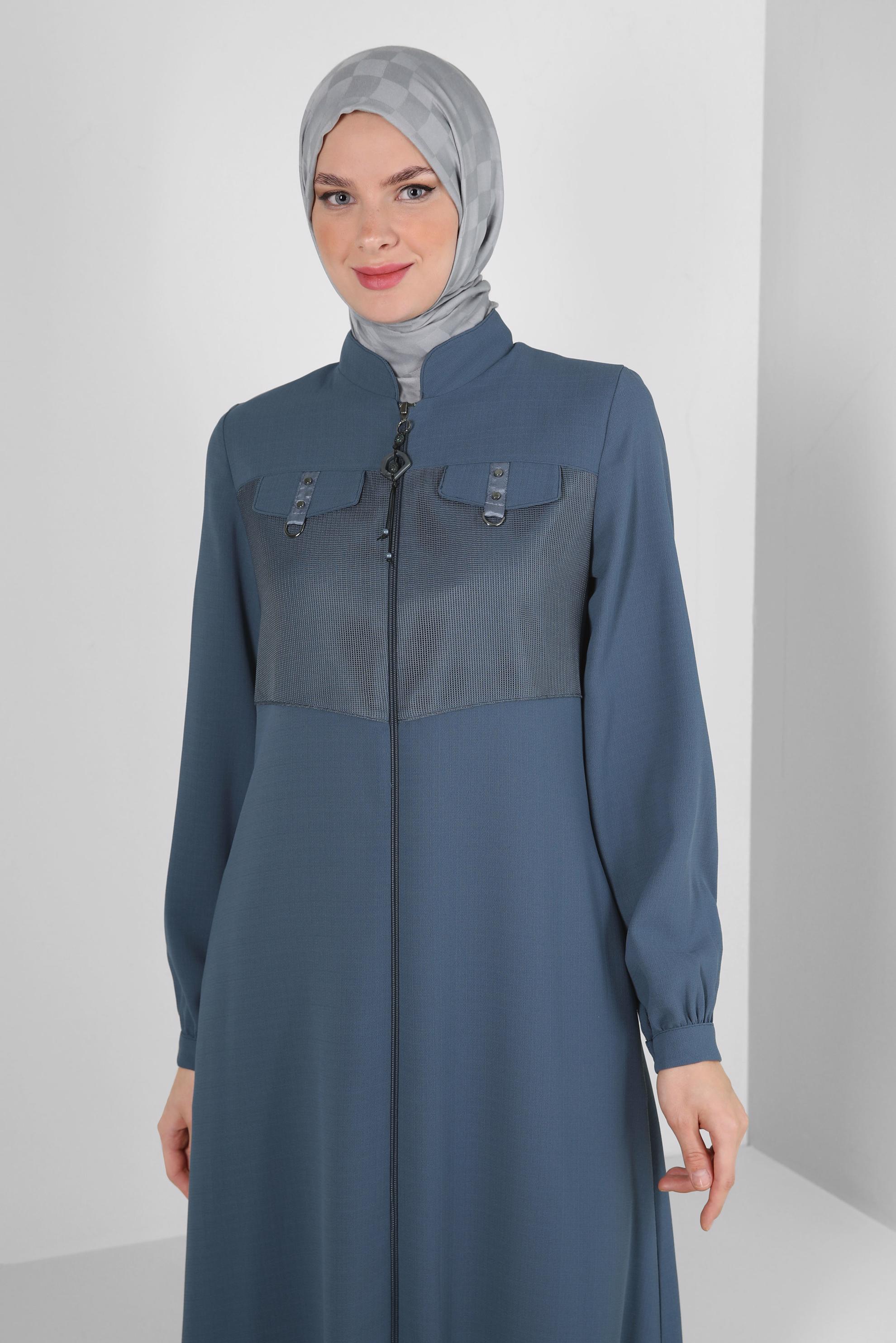 Tesettür giyim MAVİ HAKİM YAKA FERMUARLI PARDESÜ 10720