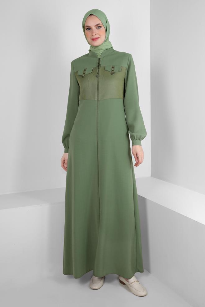 Tesettür giyim YEŞİL HAKİM YAKA FERMUARLI PARDESÜ 10720 - ALVİNA