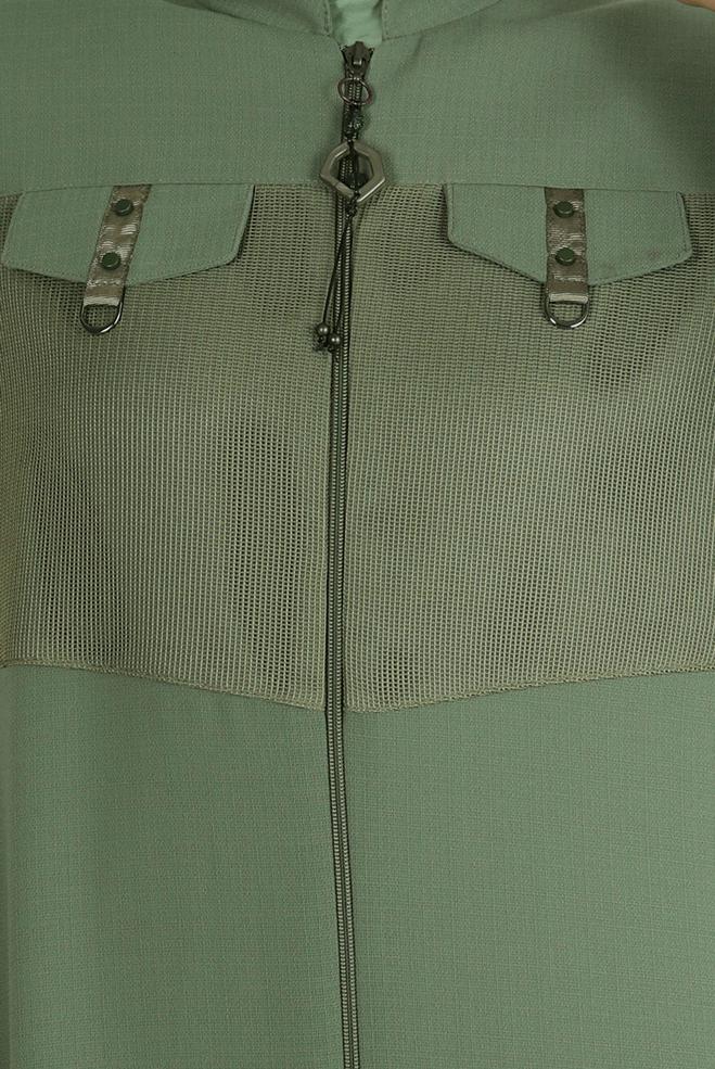 Tesettür giyim YEŞİL HAKİM YAKA FERMUARLI PARDESÜ 10720 - ALVİNA