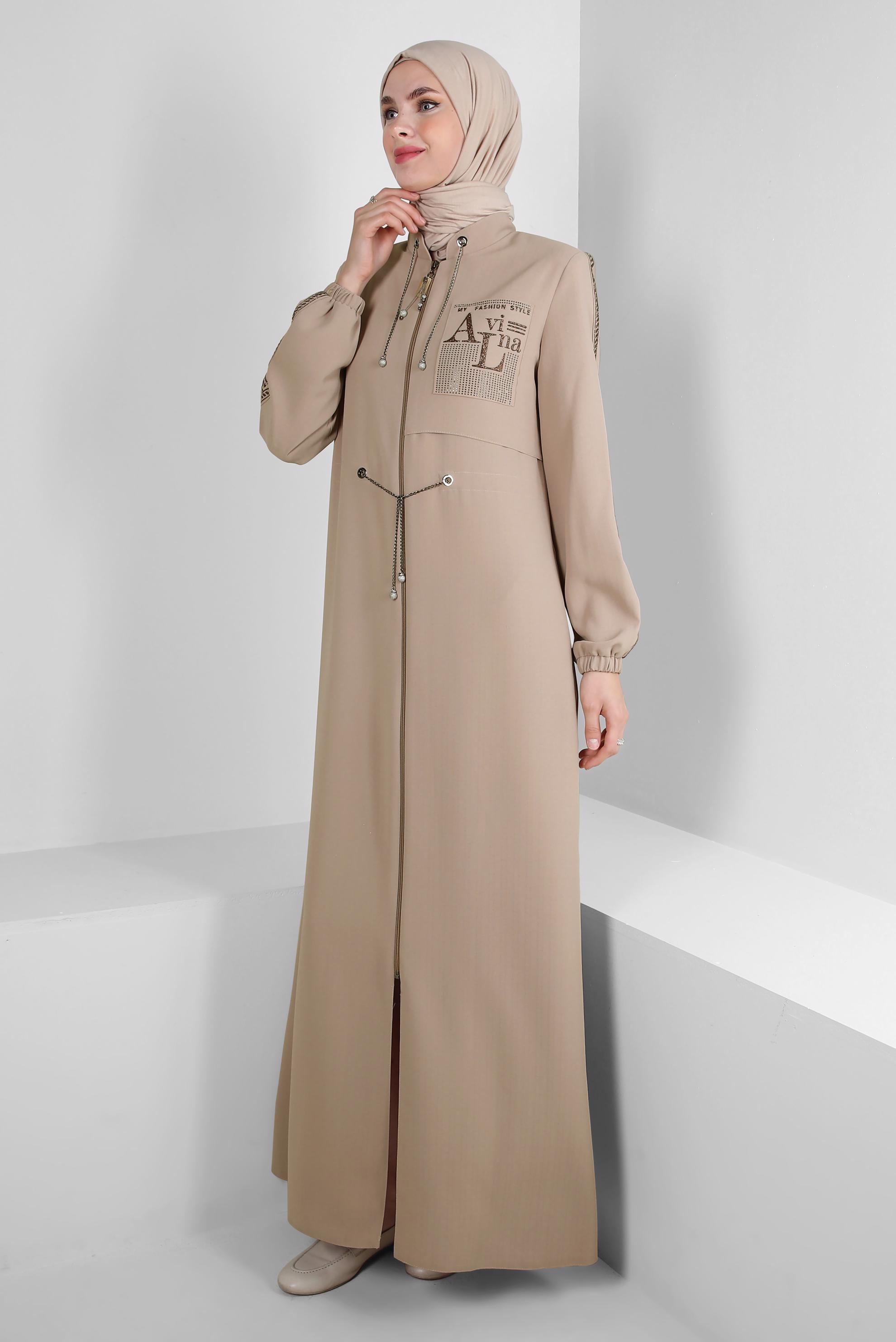 Vêtements hijab BEIGE SURMANTEAU IMPRIMÉ SLOGAN AVEC DÉTAIL CHAÎNE 10722