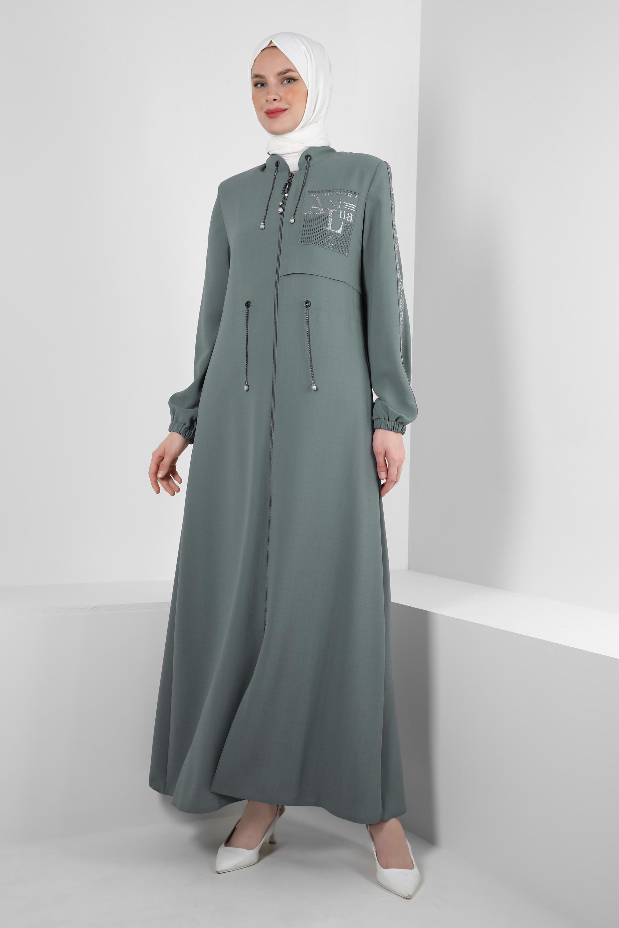 Hijab clothing BLUE SLOGAN PRINTED OVERCOAT WITH CHAIN DETAIL 10722