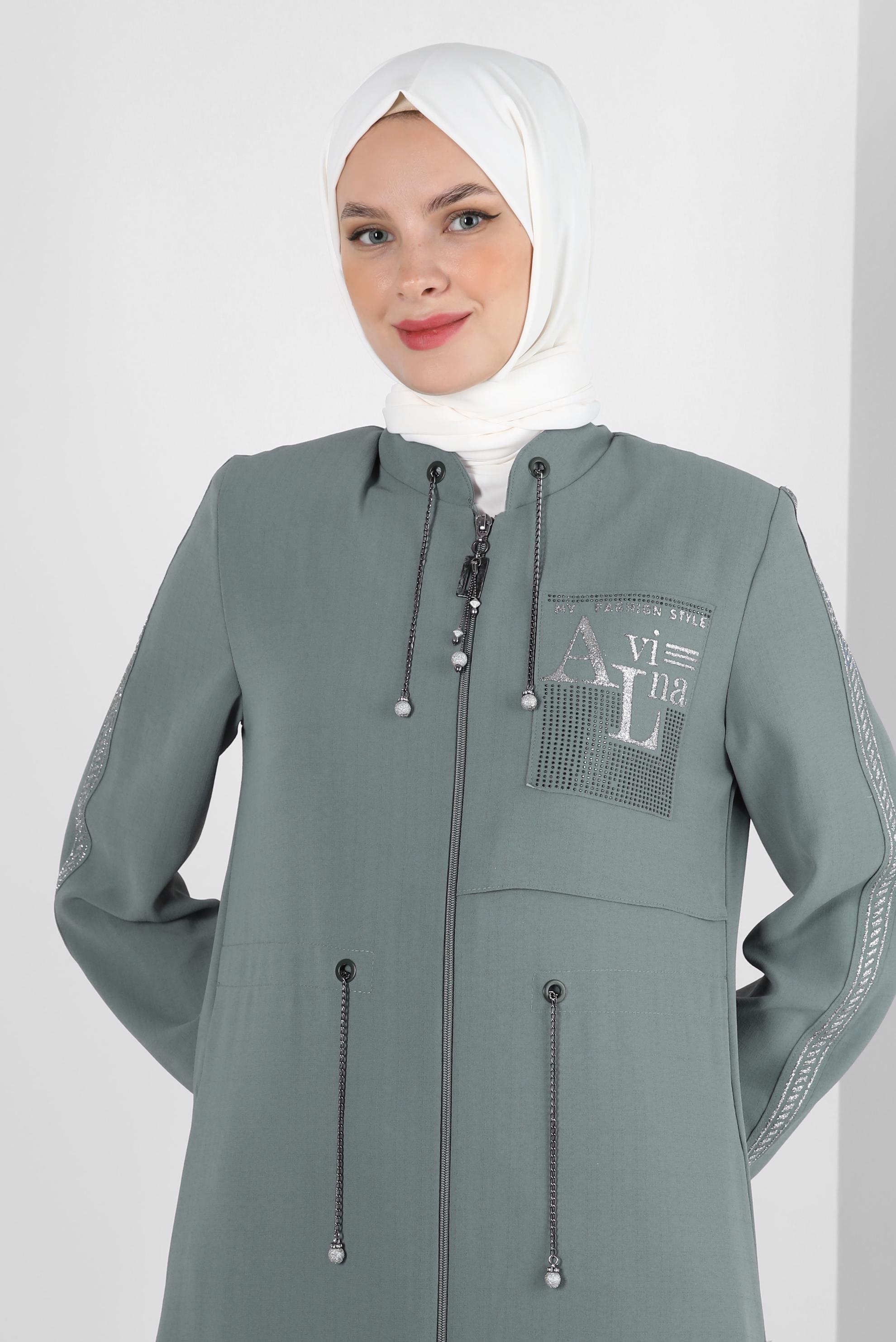 Hijab clothing BLUE SLOGAN PRINTED OVERCOAT WITH CHAIN DETAIL 10722