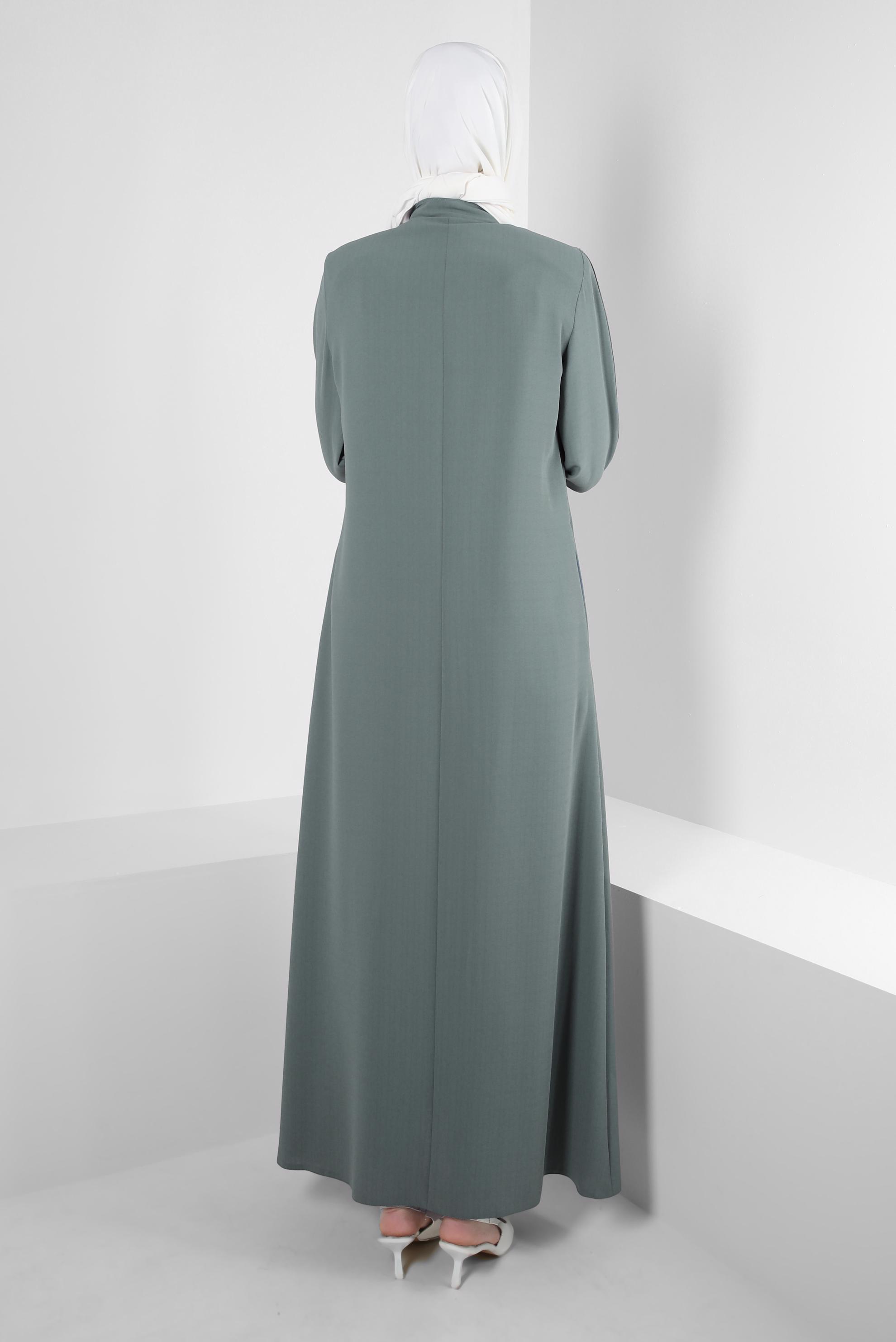 Hijab clothing BLUE SLOGAN PRINTED OVERCOAT WITH CHAIN DETAIL 10722