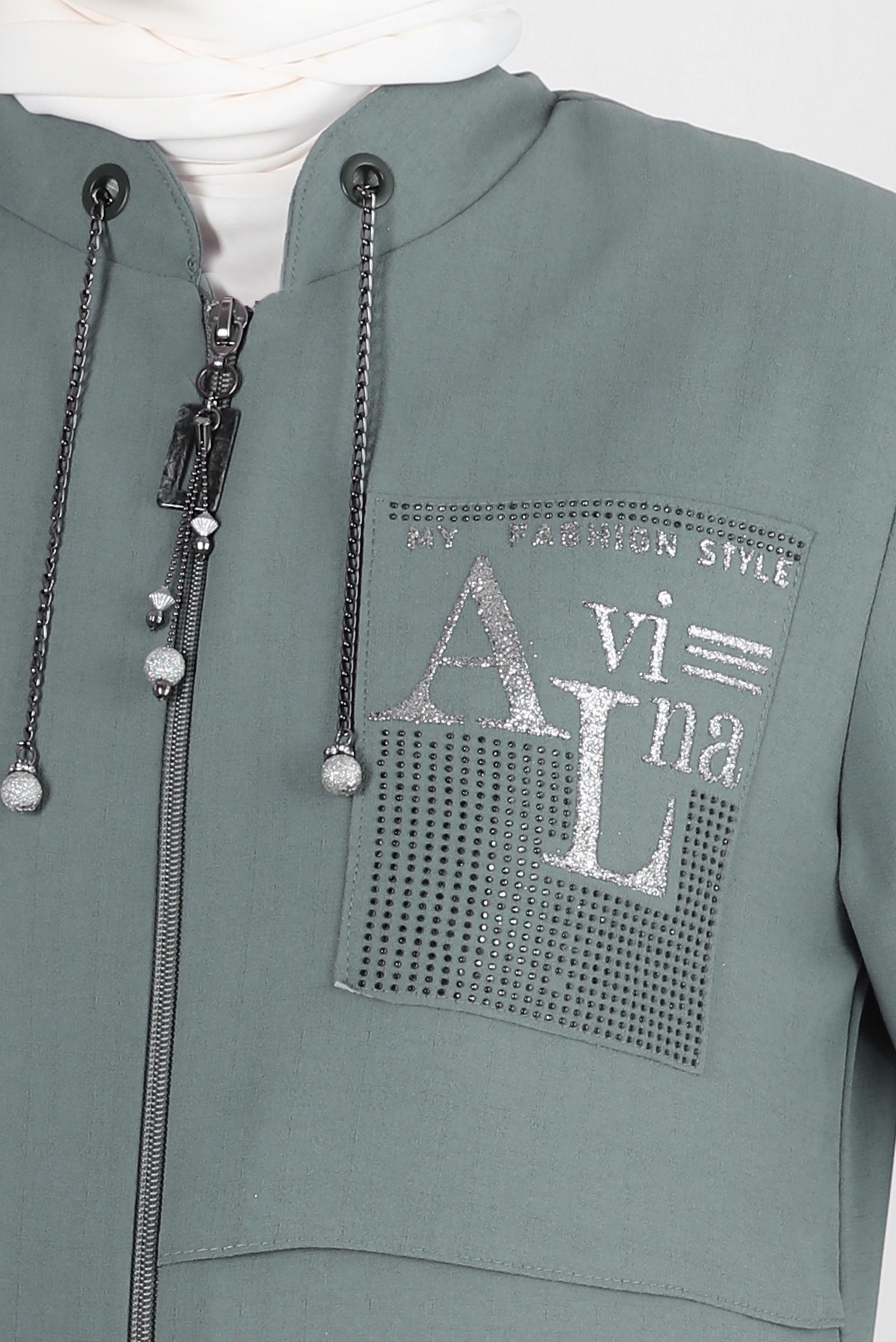 Hijab clothing BLUE SLOGAN PRINTED OVERCOAT WITH CHAIN DETAIL 10722